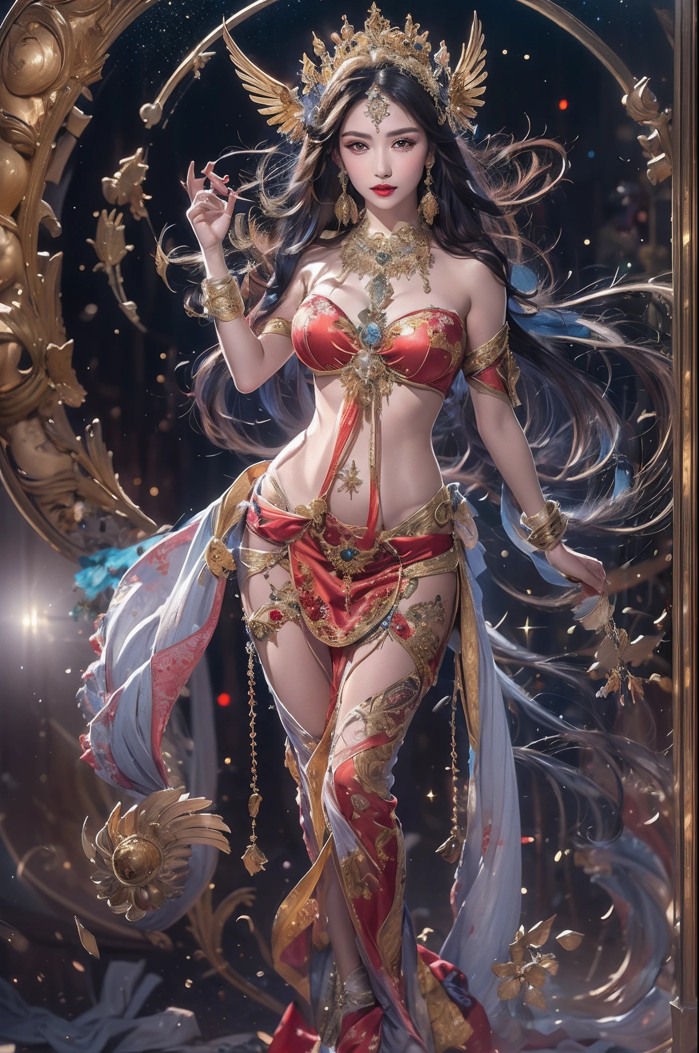 1 zodiac goddess from the future, Wearing a thin silk dress, The palace goddess is beautiful, The goddess of the zodiac wore a colorful thin silk dress,Sexy white and black lace trim, The goddess exudes a bow-shaped aura, vibrant purple-pink zodiac signs, The stars have the shape of the zodiac sign, Zodiac goddess in a thin silk dress Golden zodiac with many black details, The goddess of the zodiac in mythology , zodiac ♏, Royal zodiac style, Dark and mysterious version, Full breasts, Big and round breasts, Symmetrically beautiful red lips, Characters of Carol Barker and Pino Diane, Intricate details, Detailed background, Many background objects, Extremely detailed, Magic light, A woman, Long hair dyed in seven colors,Tie neatly, The molded face is drawn clearly and without scars, The face is beautiful,Eyes proportional, Red lips are beautiful and charming, The eyes are big and round,The makeup is very beautiful and detailed, Far focus, Thin silk dress ,Paige hair accessories, Neck accessories, Dress jewelry, Arm and thigh jewelry, Goddess leg ornaments, Mystery jewelry, zodiac goddess portrait, (The upper body of the goddess of the zodiac: 1.8), Wings loosen arms, Sexy and seductive zodiac goddess, (space: 1.8), (milky ways: 1.7), aurora, Lightning, (Aurorabackground: 1.8 ), Beautiful eyes, beautiful eyes photo , the goddess of beauty and flowers,