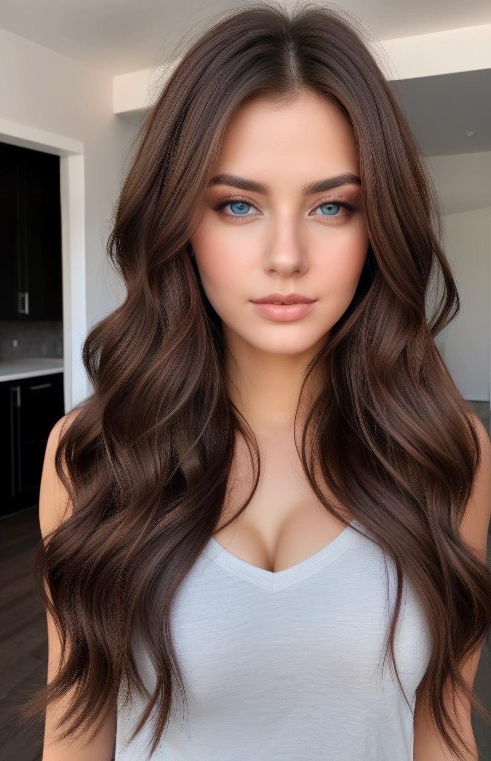 Beauty with long brown hair , big breast, blue eyes , sharp jaw line, very attractive, clear face