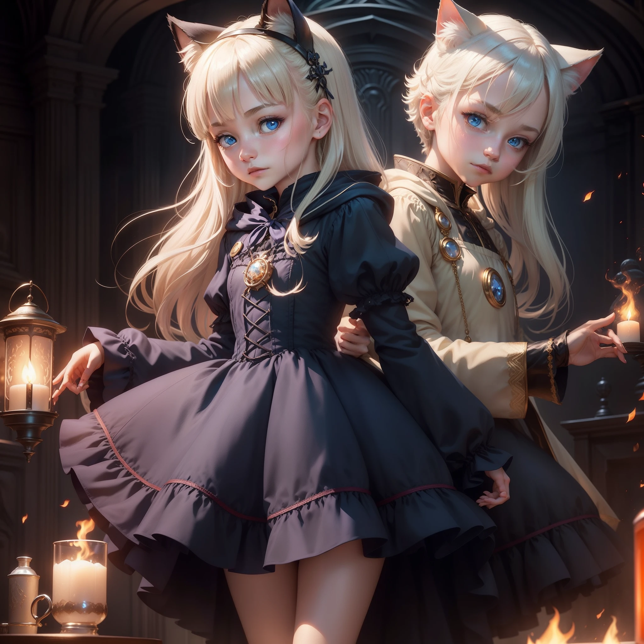 The highest image quality、masterpiece、Leyendecker's style、Fantasy 3D、Castle Room、Nordic beautiful girl、Half eye、Blue eyes、Smirking expression、Pretty small face、Light makeup、Two cat ears on the head、Platinum blonde short hair、tiny chest、short waist、The upper part of the body、Staring at the blue light of your fingertips、Girl Staring at Flames、Face flushed with flames、alchemist、The upper part of the body、Gothic dress with long sleeves、A faceless figure wearing a hood is standing、holding lantern、There are a lot of glowing spheres、