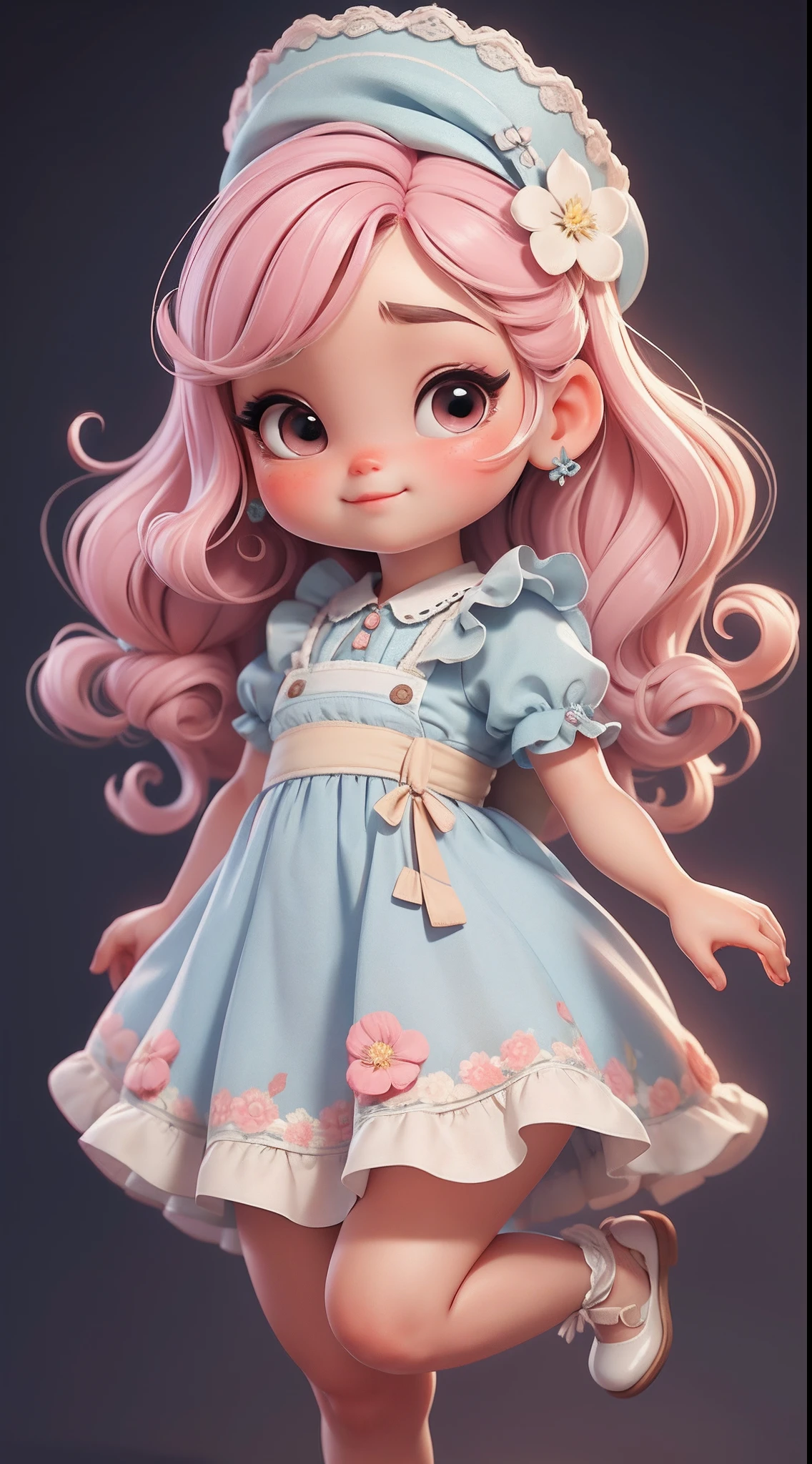 Create a series of cute baby style chibi dolls with a cute peasant theme, each with lots of detail and in an 8K resolution. All dolls should follow the same solid background pattern and be complete in the image, mostrando o (corpo inteiro, incluindo as pernas: 1.5)
Boneca Camponesa: Chame-a de Mia. Ela deve ter cabelos ondulados. Seus olhos devem ser grandes e curiosos, with long eyelashes and slightly pinkish cheeks. Mia should be dressed in a delicate dress and a polka-dot blouse and a delicate and beautiful hat. Ela deve segurar flores. Add details like pockets and ruffles to the apron to make it even more charming, sapato bonito
Certifique-se de adicionar sombras, texturas e detalhes nos cabelos, roupas, Cute and flowery utensils, to make them even more adorable and charming.