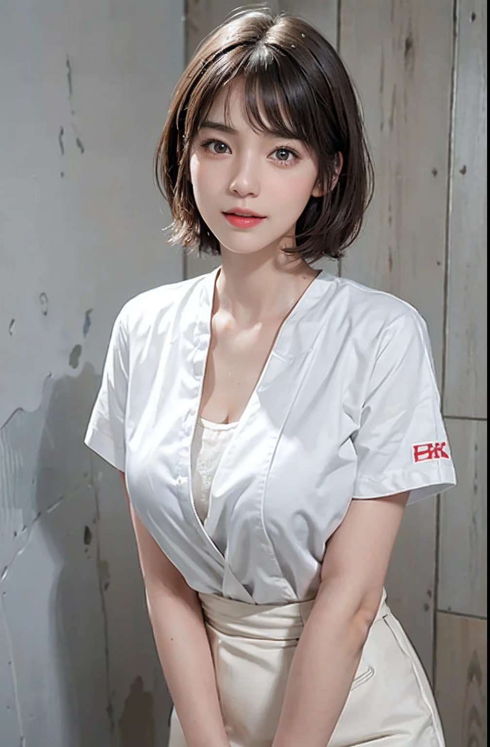 (A hyper-realistic), (illustratio), (hight resolution), (8K), (ighly detailed), (The best illustrations), (beatiful detailed eyes), (top-quality), (ultra-detailliert), (masterpiece), (wall-paper), (detailed face), droopy eyes,full of sweat, whole body, full body, long legs,Armpit,short-hair, light brown hair, inner colored,solo, big breast, cleavage, japanes, Colossal tits、A smile, wearing nurse uniform , white short skirt, nurse uniform, hospital