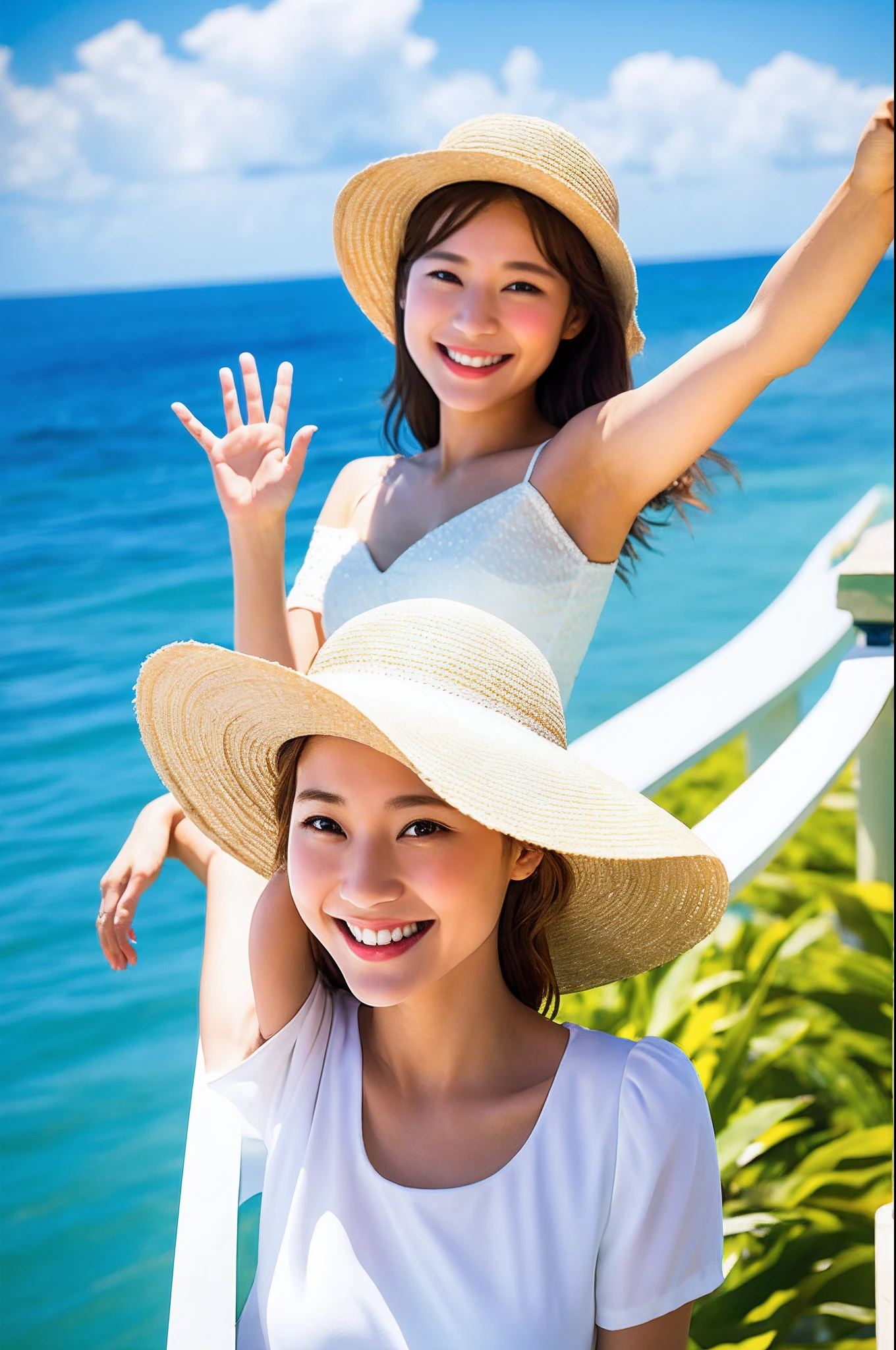 absurdres, 1girl, ocean, railing, white dress, sun hat, smile, (realistic:0.75), (waving:0.9),