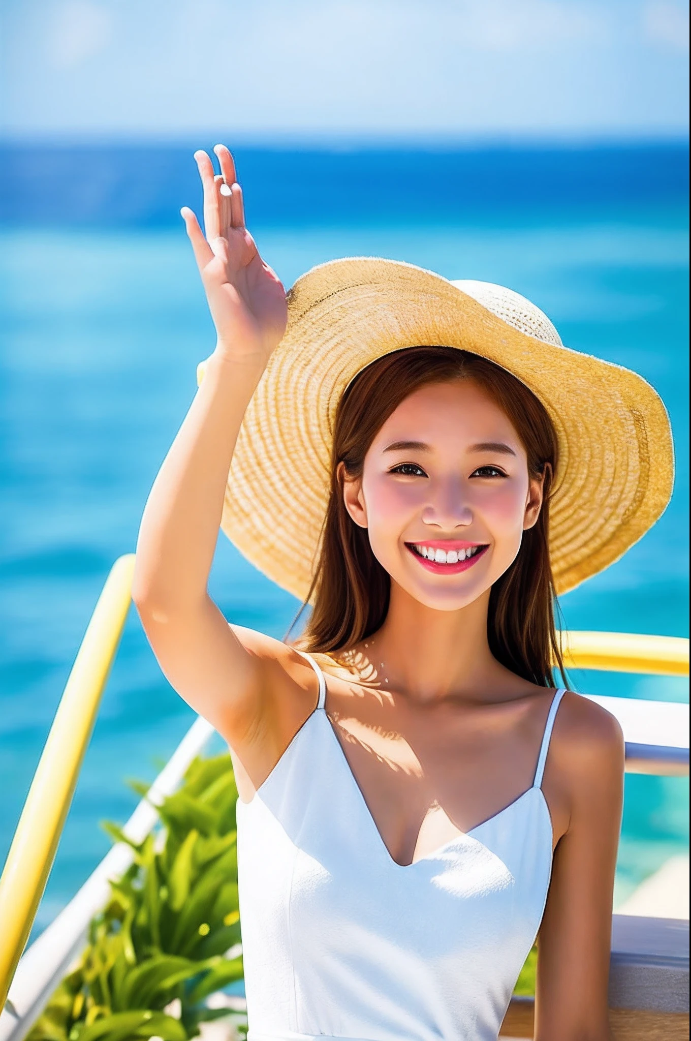 masterpiece,best quality,(Japanese ),((Beautiful girl)),cleavage,(perfect body beauty:1.2),(shy smile),beautiful teeth,(straw hat),(seaside),