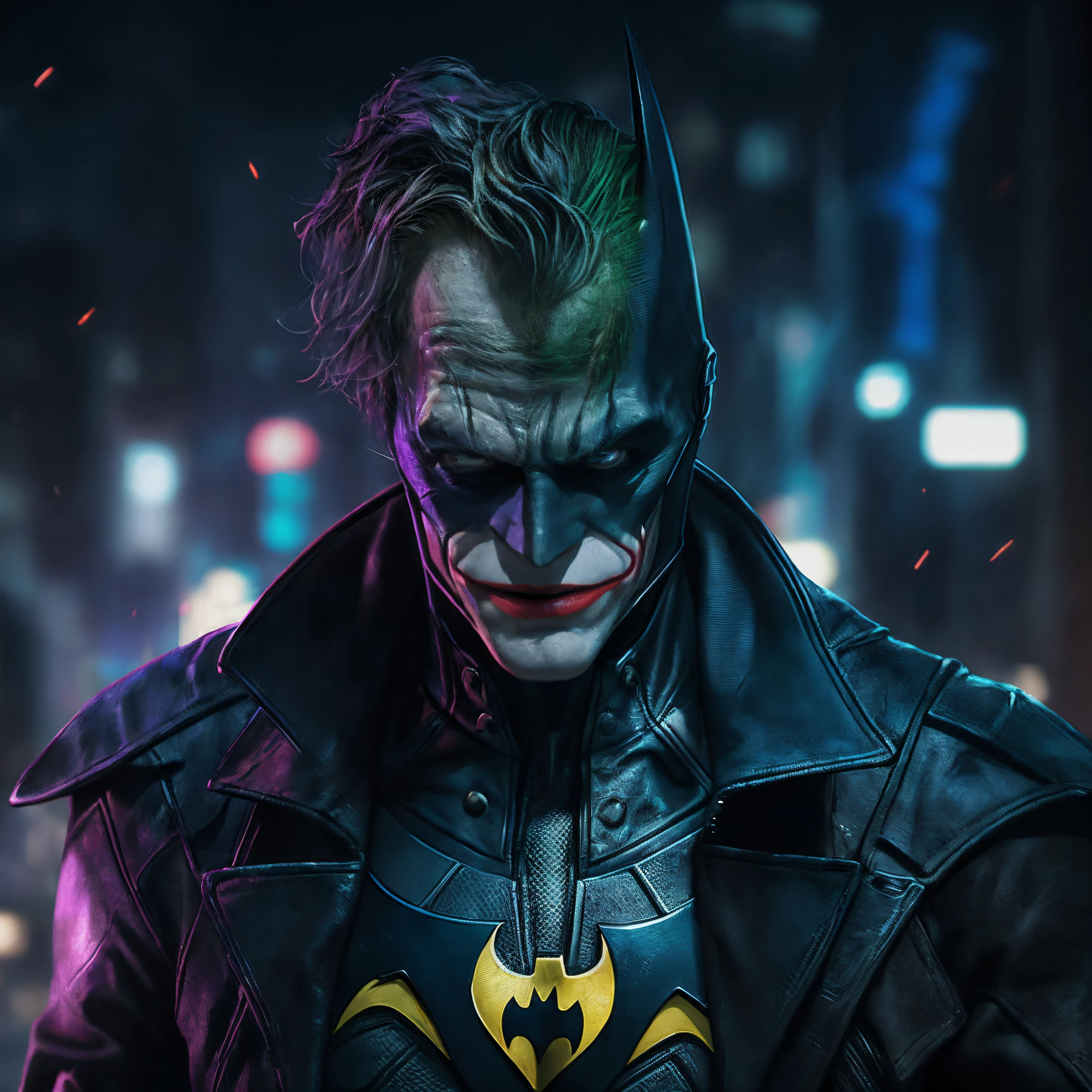 Batman and The Joker combined as one character, (top-quality、8K、32K、​masterpiece、)、(The ultra -The high-definition)、(Photorealsitic:1.4)、Raw photography,Perfect eyes,Charming perfect figure,actionpose:1.2,Detailed cyberpunk fashion、World of Cyberpunk,depth of fields,blurry backround,、