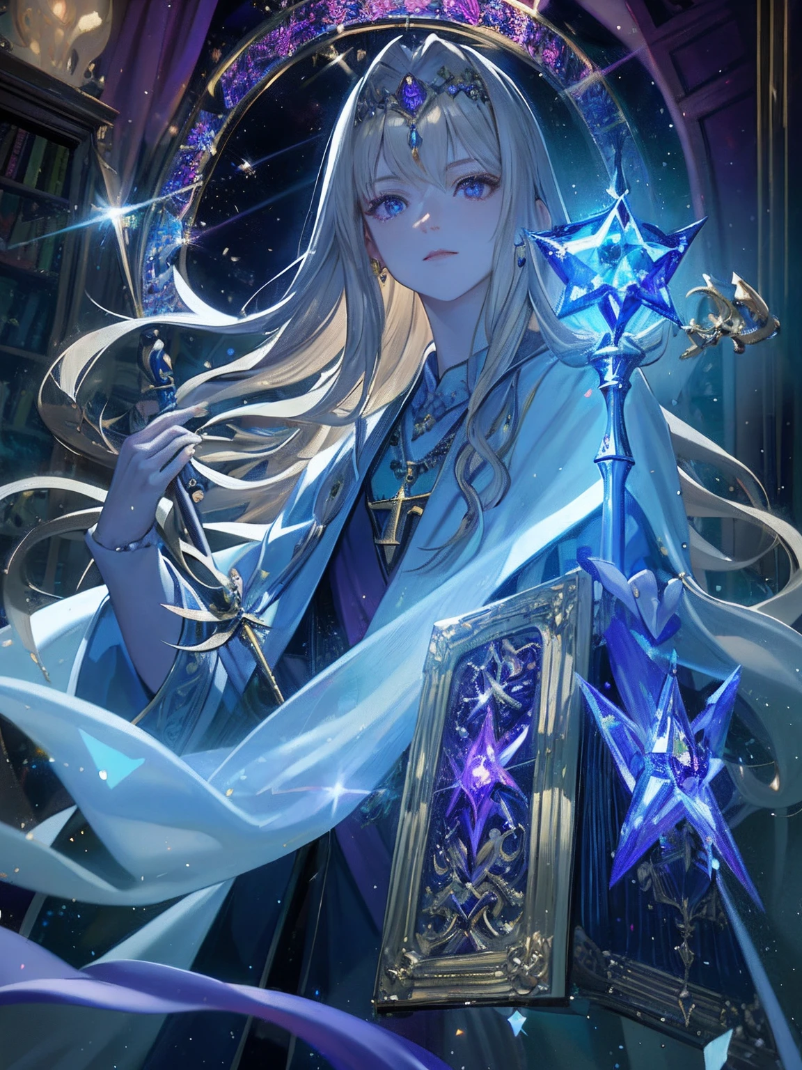 (Photorealistic: 1.4), (Masterpiece, Side Light, Elaborate Beautiful Eyes: 1.2), Masterpiece * Portrait, Realistic Kei, 3D Face, Blonde Hair, Purple Eyes, Long Hair, Pointed Ears, Wand, Magic Circle, Magic Academy, Starry Sky, Earrings, Jewelry, Key Necklace, Diamond Headdress, Magic Robe, White Cape, Flying Book