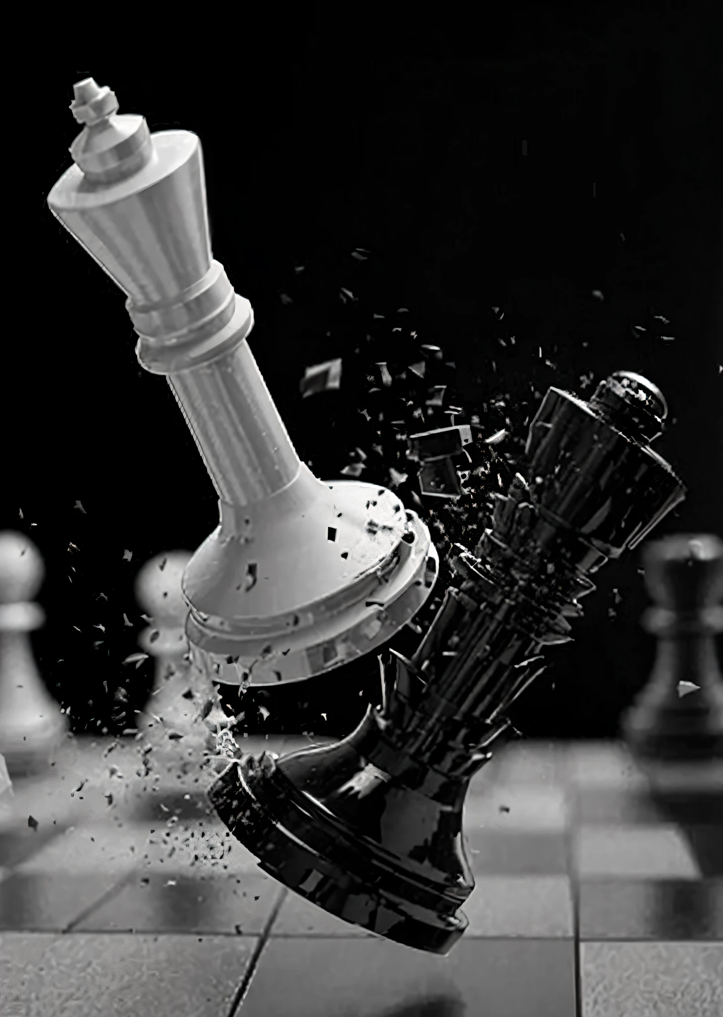 a black and white photo of a chess piece being crushed, !!jogando xadrez!!, xadrez, Very high speed photography, fotografia de alta velocidade, Chess piece, Slow - Fotografia de Alta Velocidade MO, very sharp and detailed photo, B & w detailed sharp photo, cavaleiro de xadrez, arte digital #OneShotGame, dramatic action shot, xadrez surreal, artistic rendering, Detailed sharp photo