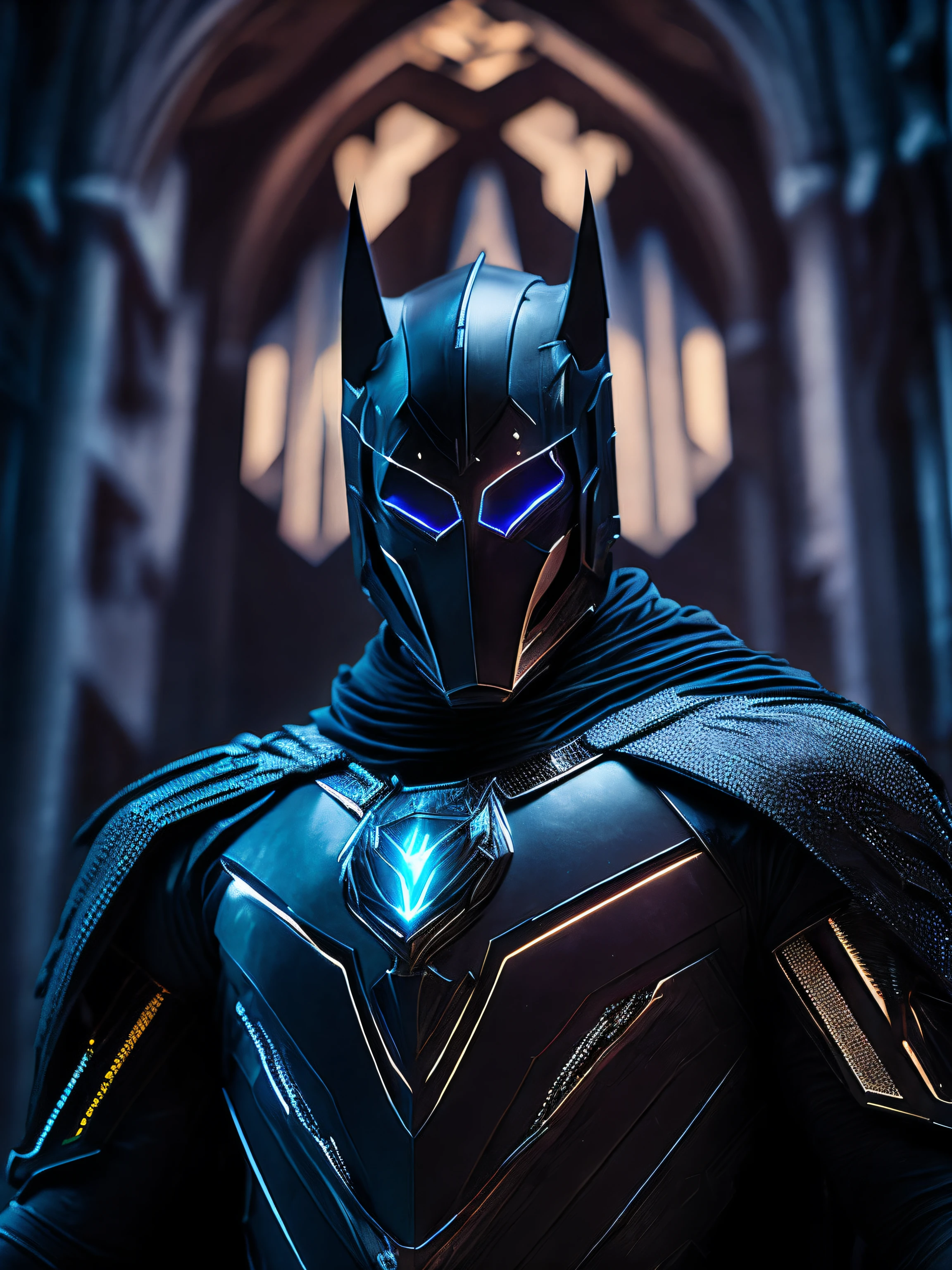 dark portrait of Black Knight from Marvel Comics immerging from the dark silver evil powers with intricate angular cybernetic implants inside a brutalist building, gothic brutalist cathedral, cyberpunk, award-winning photo, bokeh, neon lights, cybernetic limb