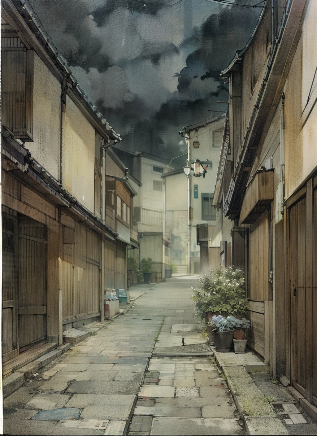 Drawing of the street with potted plants on the sides, japanese street, by Watanabe Kazan, by Ryuzaburo Umehara, Inspired by Anton Piek, by Junpei Sato, quiet street, by Yanagawa Nobusada, by Rei Kamoi, by Ni Yuanlu, by Kamisaka Sekka