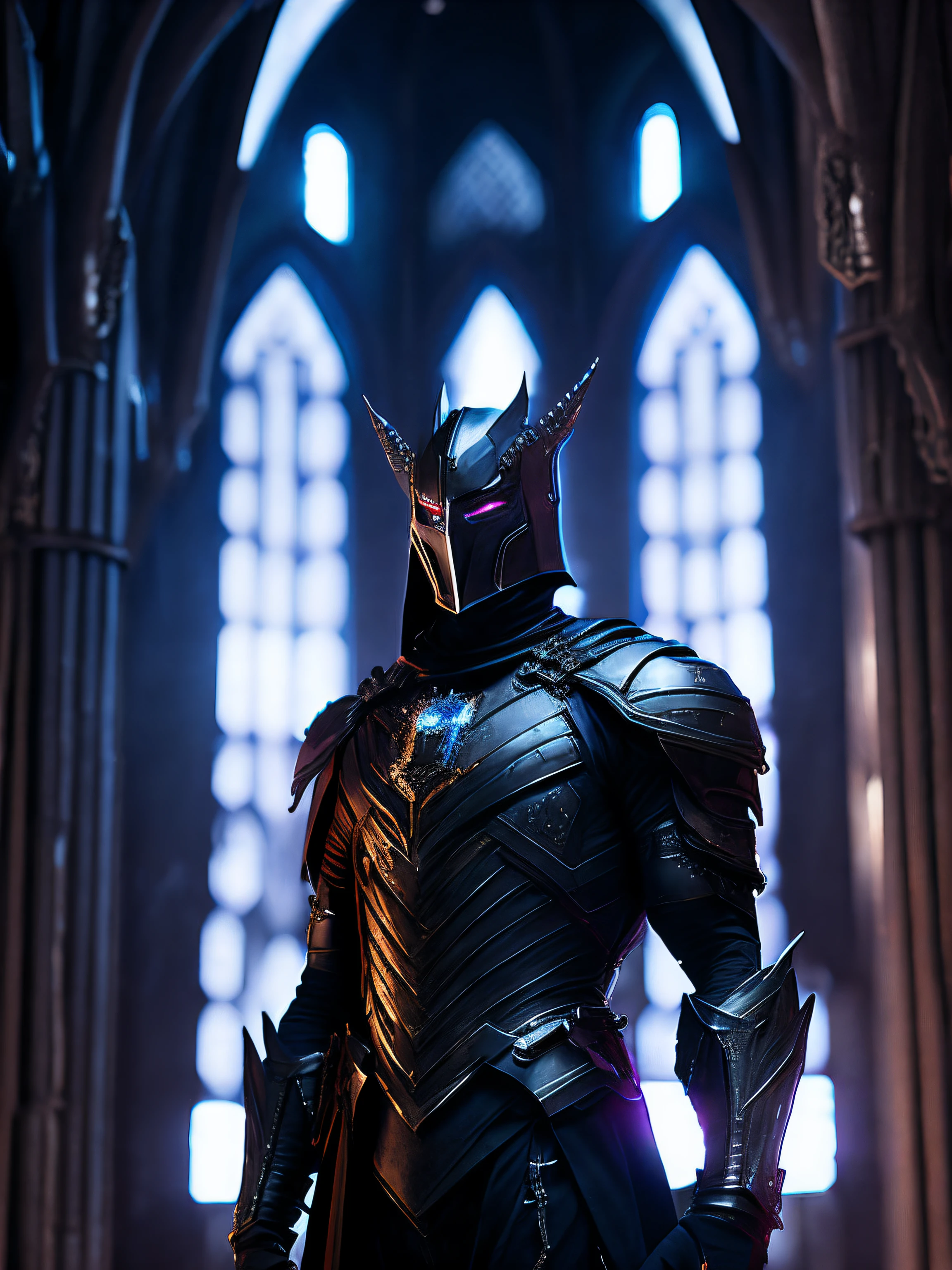 dark portrait of Black Knight from Marvel Comics immerging from the dark silver evil powers with intricate angular cybernetic implants inside a brutalist building, gothic brutalist cathedral, cyberpunk, award-winning photo, bokeh, neon lights, cybernetic limb