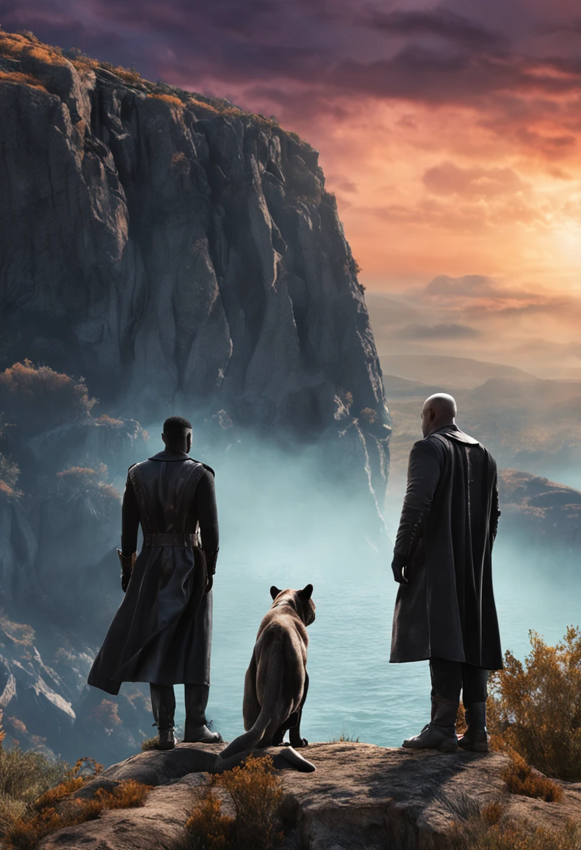 (SFW), (Clean, (Masterpiece), best quality, professional, highly detailed, HDR,UHD,16K), Two Estranged Gentlemen and a Black Panther standing on the edge of the cliff, a natural hellhole disaster on the background