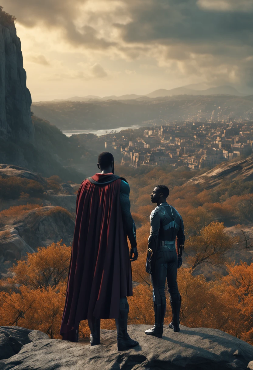 (SFW), (Clean, (Masterpiece), best quality, professional, highly detailed, HDR,UHD,16K), Two Estranged Gentlemen and a Black Panther standing on the edge of the cliff, a natural hellhole disaster on the background