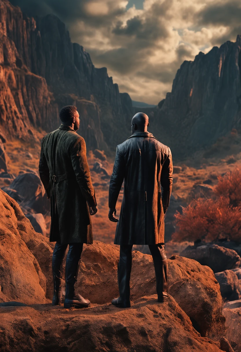 (SFW), (Clean, (Masterpiece), best quality, professional, highly detailed, HDR,UHD,16K), Two Estranged Gentlemen and a Black Panther standing on the edge of the cliff, a natural hellhole disaster on the background