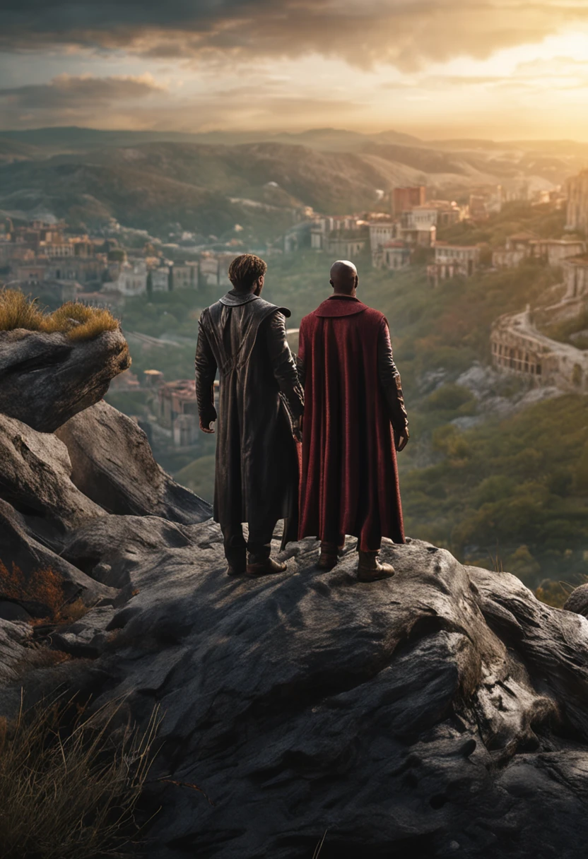 (SFW), (Clean, (Masterpiece), best quality, professional, highly detailed, HDR,UHD,16K), Two Estranged Gentlemen and a Black Panther standing on the edge of the cliff, a natural hellhole disaster on the background