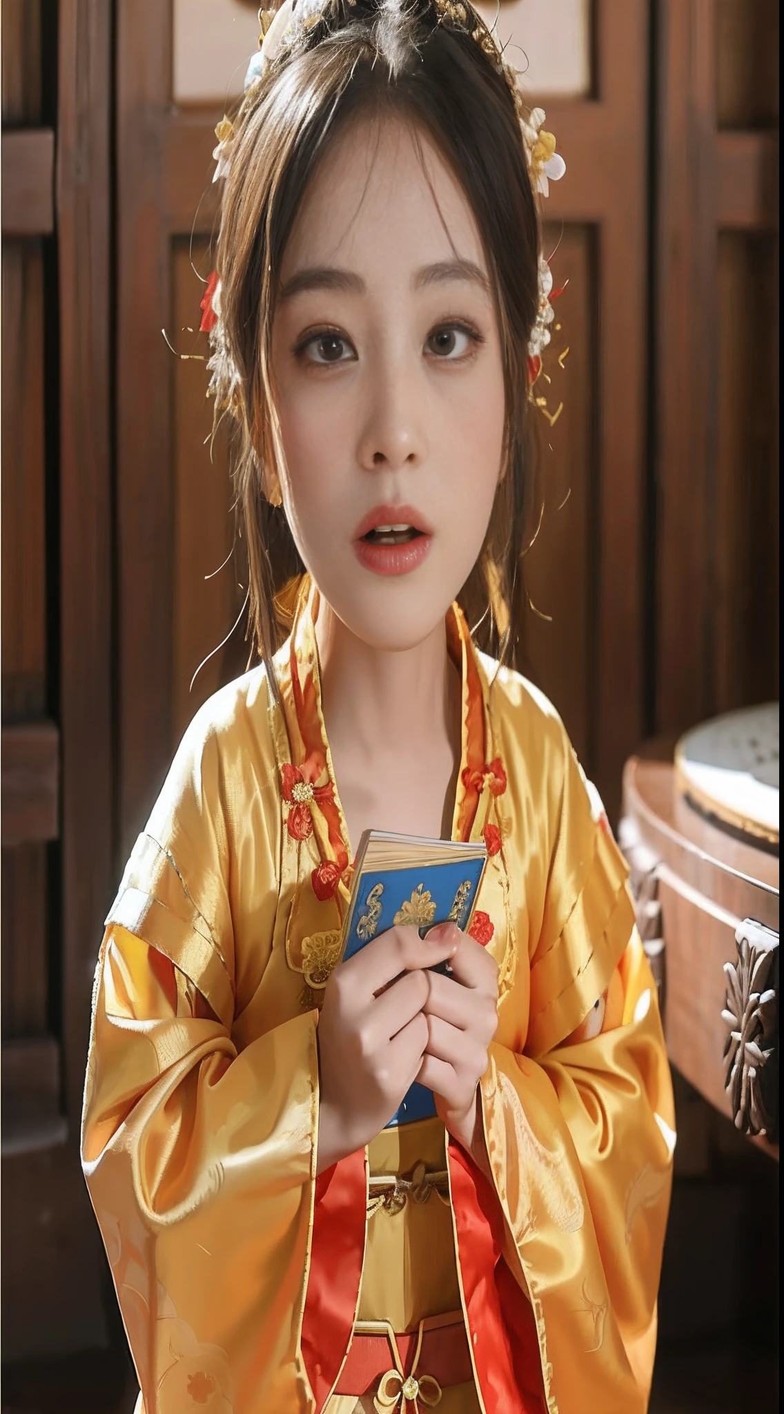 There was a young girl in a yellow and red dress holding a blue card, Palace ， A girl in Hanfu, China Princess, Chinese costume, Traditional Chinese clothing, Wearing ancient Chinese clothes, Chinese girl, Chinese traditional, Princesa chinesa antiga, with acient chinese clothes, Chinese dress, Chinese style, Hanfu, traditional tai costume, young goddess