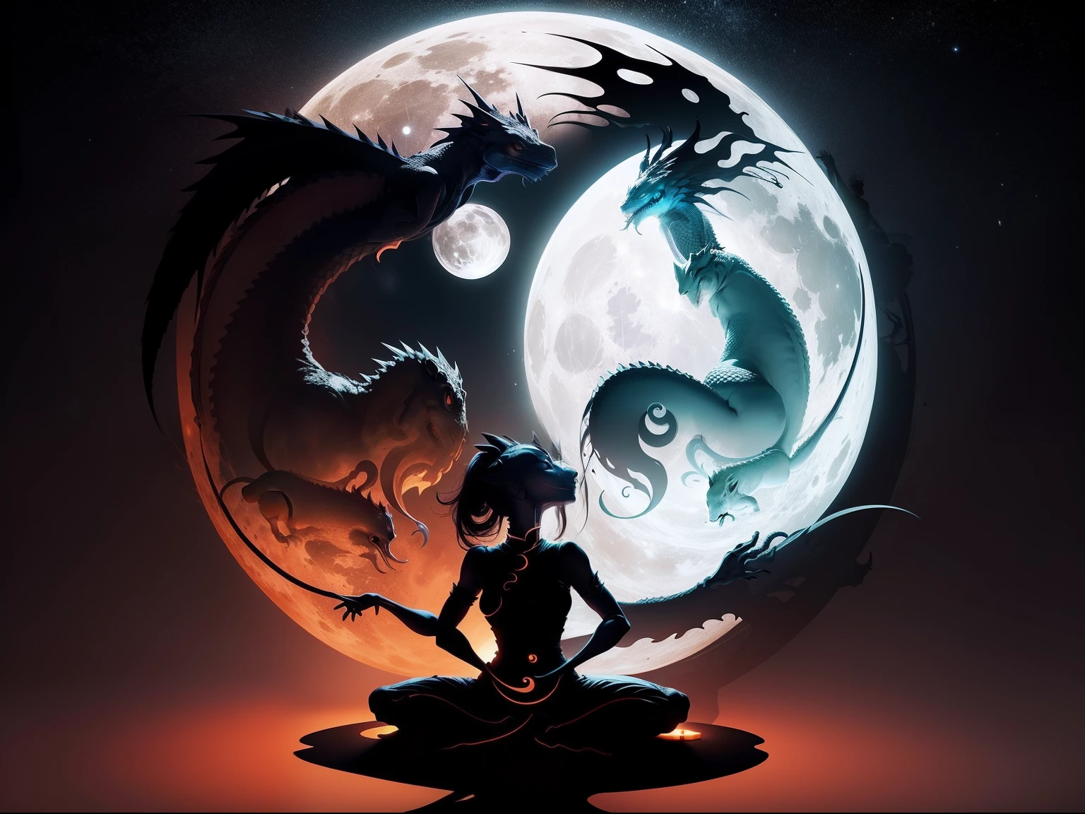 fullmoon, Yin-Yang Tai Chi Diagram, lizard, woman silhouette