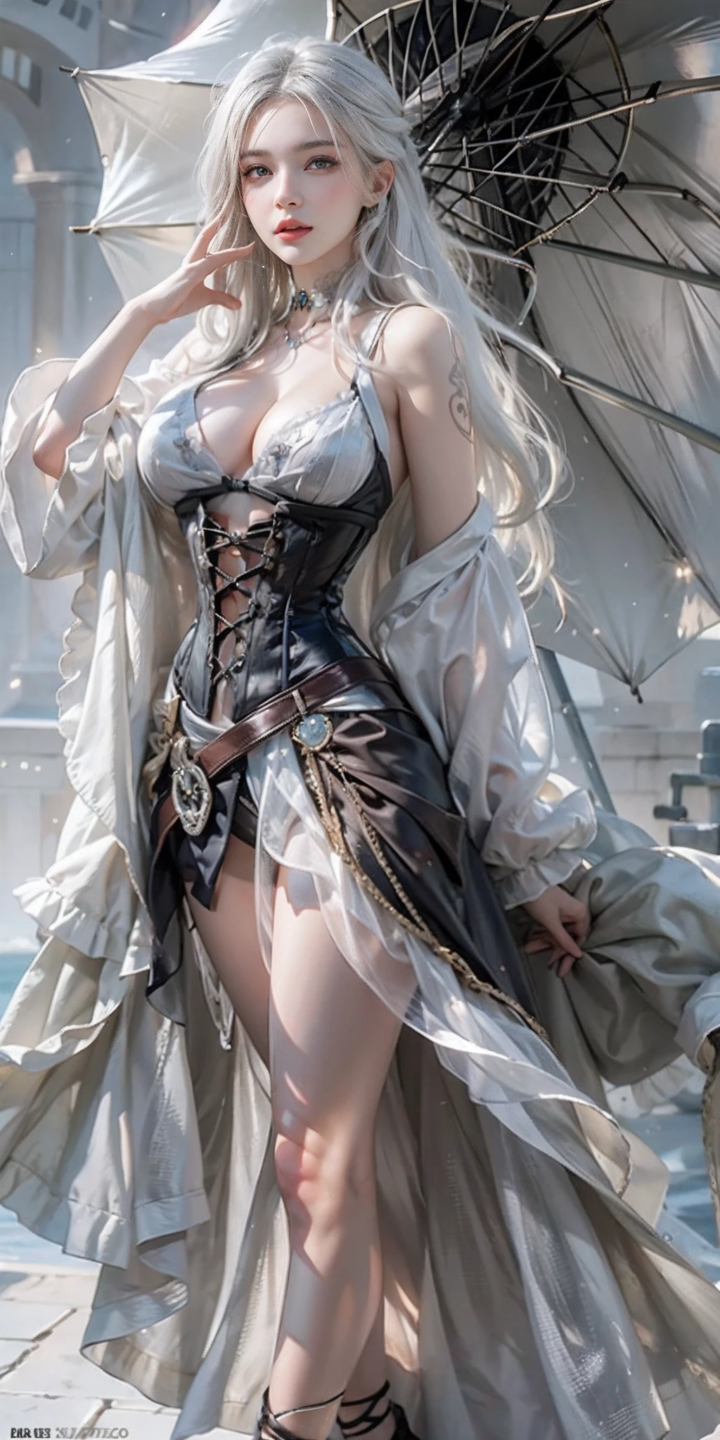 photorealistic, high resolution, soft light,1women, solo, hips up, shining skin, (detailed face), jewelry, tattoo, corset, dress, umbrella, huge breasts, white hair