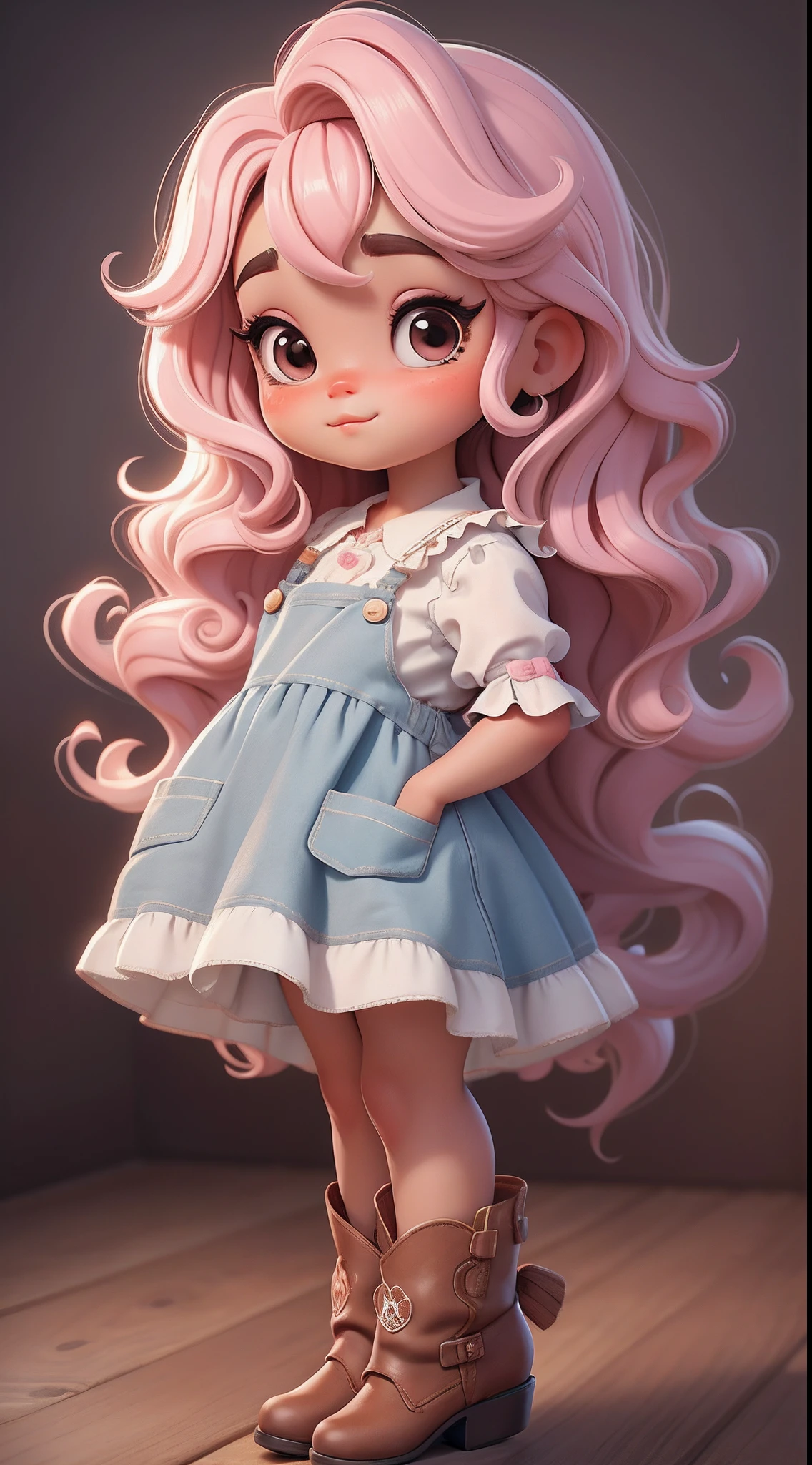 Create a series of cute baby style afro chibi dolls with a cute cowgirl theme, each with lots of detail and in an 8K resolution. All dolls should follow the same solid background pattern and be complete in the image, mostrando o (corpo inteiro, incluindo as pernas: 1.5)
Boneca cowgirl: Chame-a de Mia. She must have medium wavy hair. Seus olhos devem ser grandes e curiosos, with long eyelashes and slightly pinkish cheeks. Mia should be dressed in a delicate jumpsuit, cowboy boot and a polka dot blouse and a cowboy hat is cute. She must hold farm accessories. Add details like pockets and ruffles to the apron to make it even more charming, sapato bonito
Certifique-se de adicionar sombras, texturas e detalhes nos cabelos, roupas, Cute cowboy utensils, to make them even more adorable and charming.