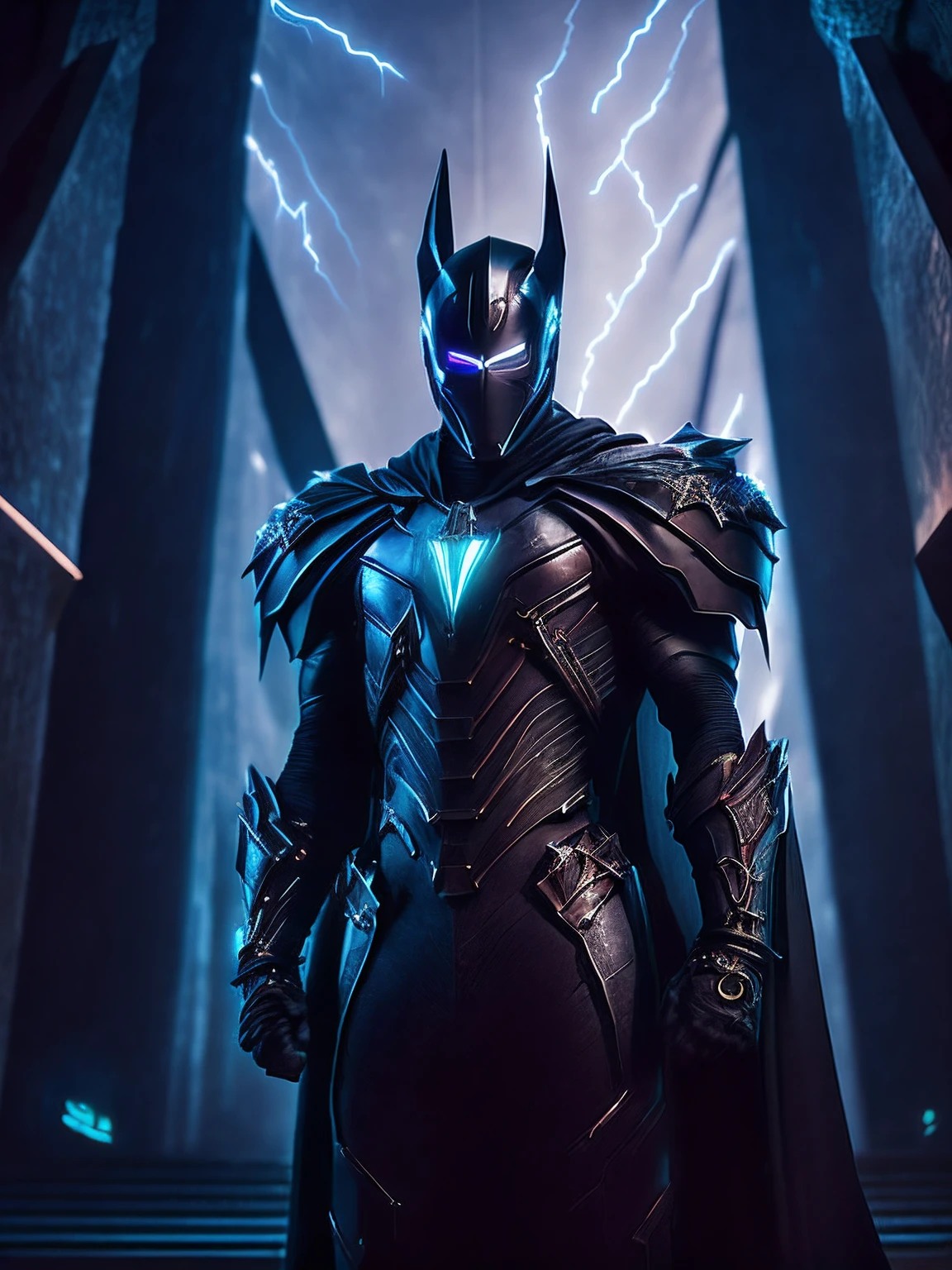 dark portrait of Black Knight from Marvel Comics immerging from the dark silver evil powers with intricate angular cybernetic implants inside a brutalist building, gothic brutalist cathedral, cyberpunk, award-winning photo, bokeh, neon lights, cybernetic limb, lightning bolt reflection showing in the windows