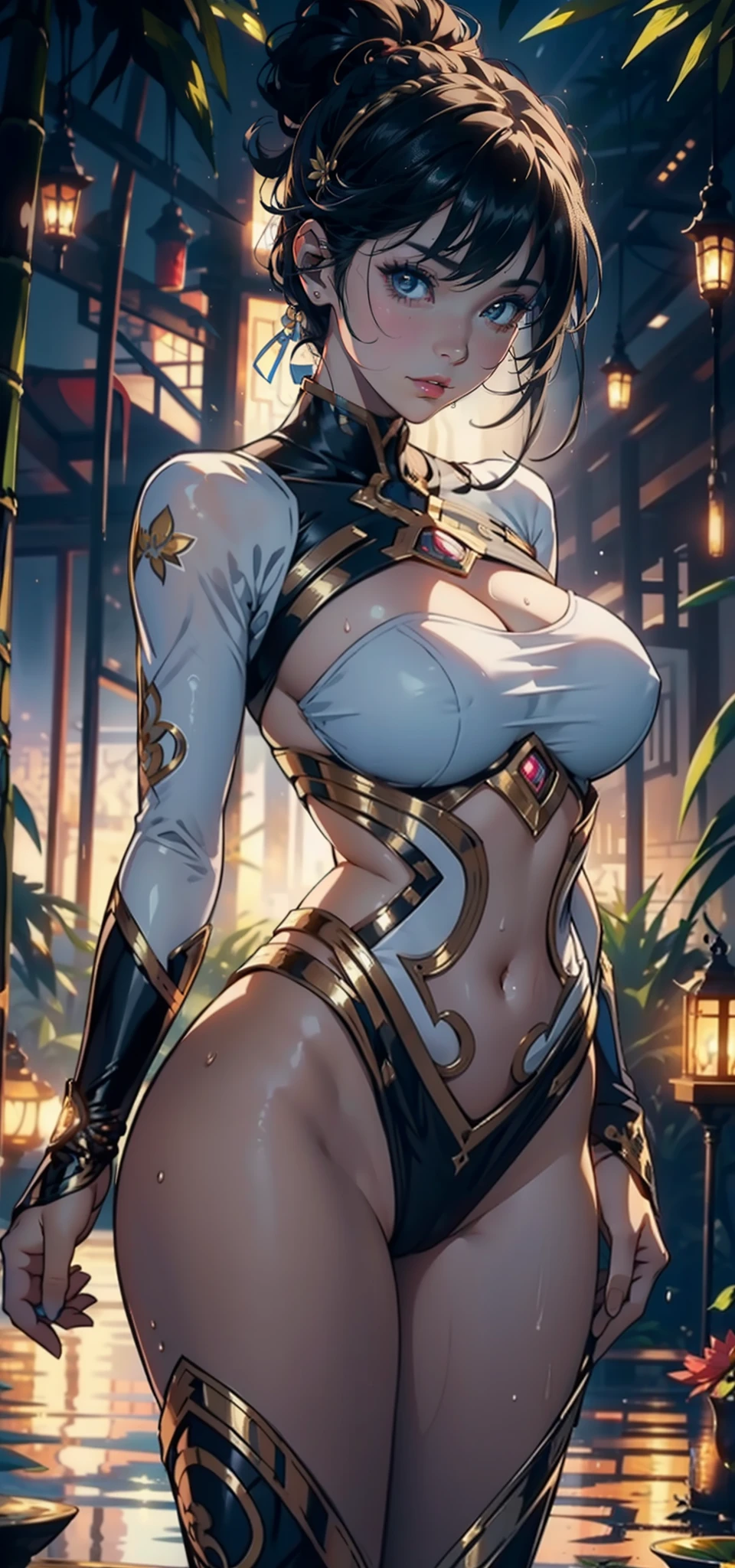 1female,32years old,huge-breasted ,Pornographic exposure, 独奏,(Background with:bamboo forrest,lotuses,lotus flower,exteriors,) She has short black hair,bobo head,Sweat profusely,drenched all over the body,seen from the front, hair straight, mostly cloudy sky,(((tmasterpiece),(Very detailed CG unity 8K wallpaper),best qualtiy,cinmatic lighting,detailed back ground,beatiful detailed eyes,Bright pupils,Black eyes,(Very fine and beautiful),(Beautiful and detailed eye description),ultra - detailed,tmasterpiece,)),facing at camera,A high resolution,ultra - detailed),,revealing breasts,Bare genitalia, Bulge,legs are open,Raised sexy,Camel toes,Flushed complexion,Open-mouthed,frontage,White floral headband,Gold Saint Seiya,Supergirl,(Wearing:Black transparent apron,Filigree embroidery,fullnude,with no underpants,Iron Man uniform,cyber punk style)