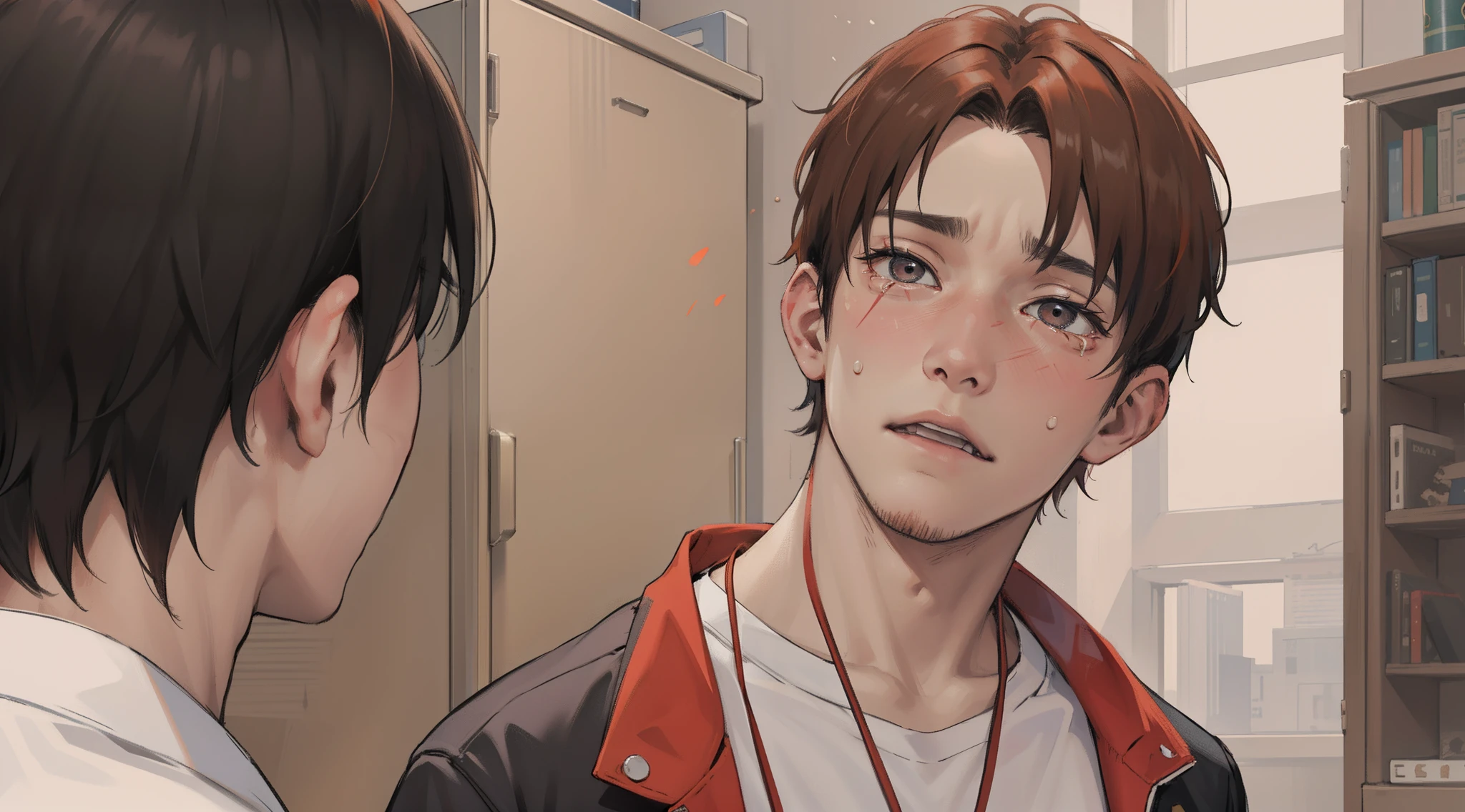 Orange-haired 15-year-old cries with sadness because his friend has died, Clenches his fists in anger, energia y luces salen de su cuerpo