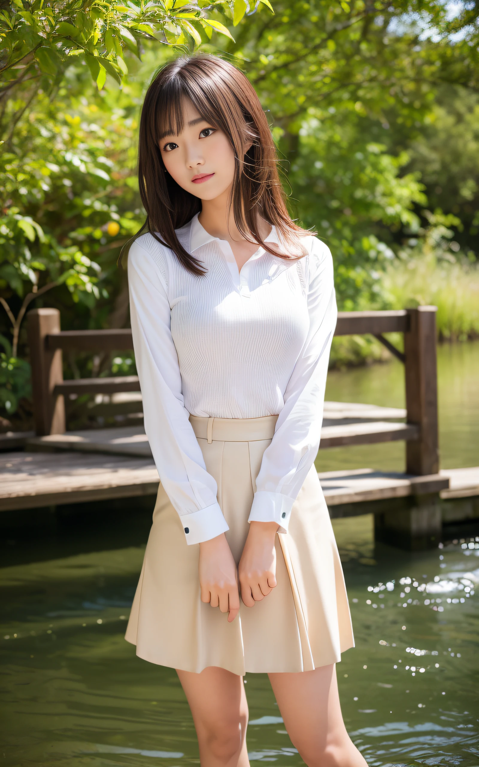 ((Best Quality, 8K, masutepiece: 1.3)), (Sharp Focus: 1.2), Tranquil riverside view of wooden bridge, 1 girl, Full body, Neat and clean beauty, 20 years old, Japanese, Looking away, Classy and elegant, A pretty girl with perfect figure, Cute, Shy, ((Medium hair swaying in the wind)), Big breasts, (Blouse: 1.1), Skirt, Highly detailed face and skin texture, Detailed eyes, Background bokeh,
