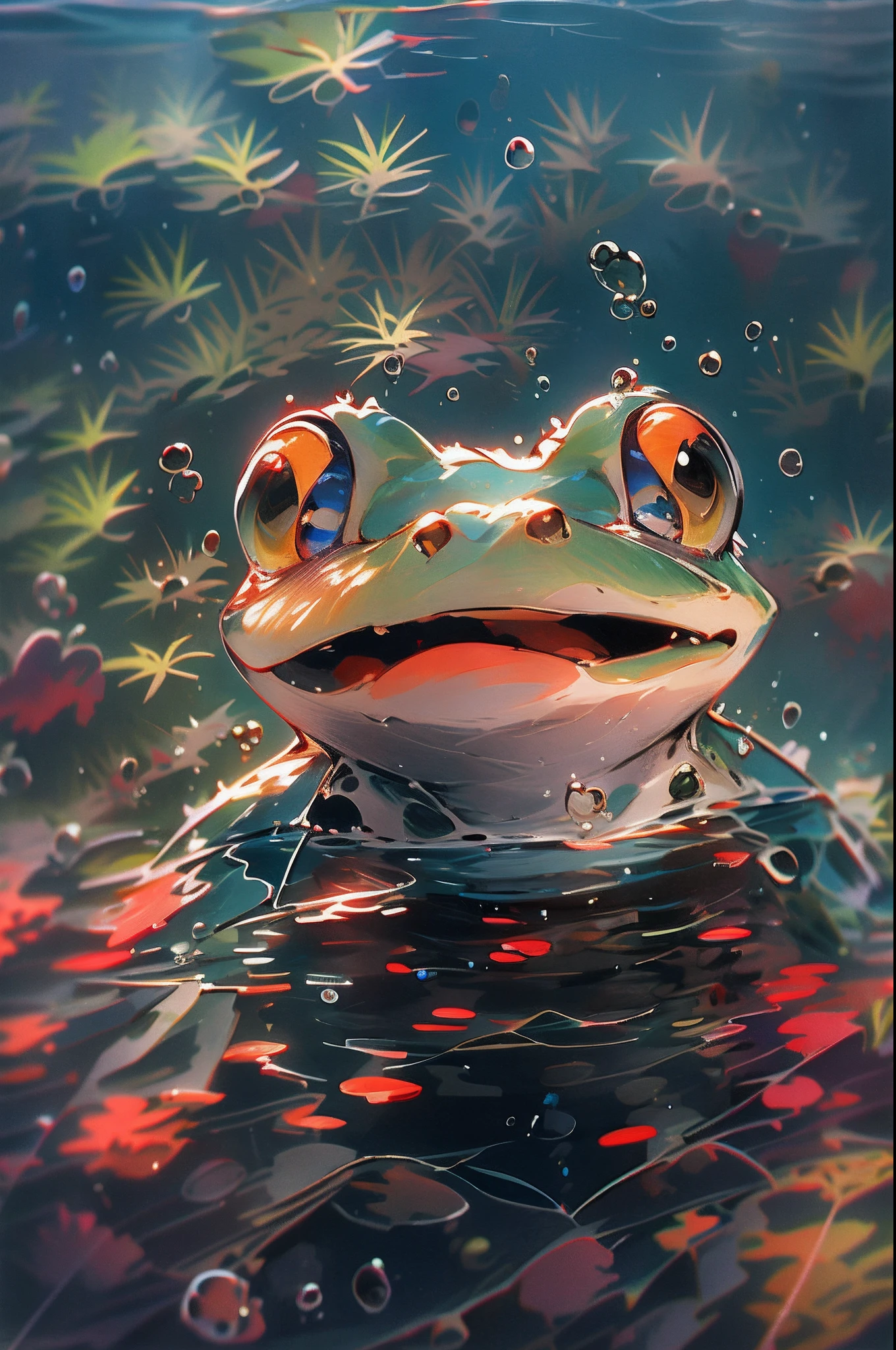 1 cute frog, close-up face, Portrait, Furry, No Man, In water, ocean floor, Swimming, Blisters, Buble, More details, Saturated colors, cute smiling, Best quality, 8K, High saturation