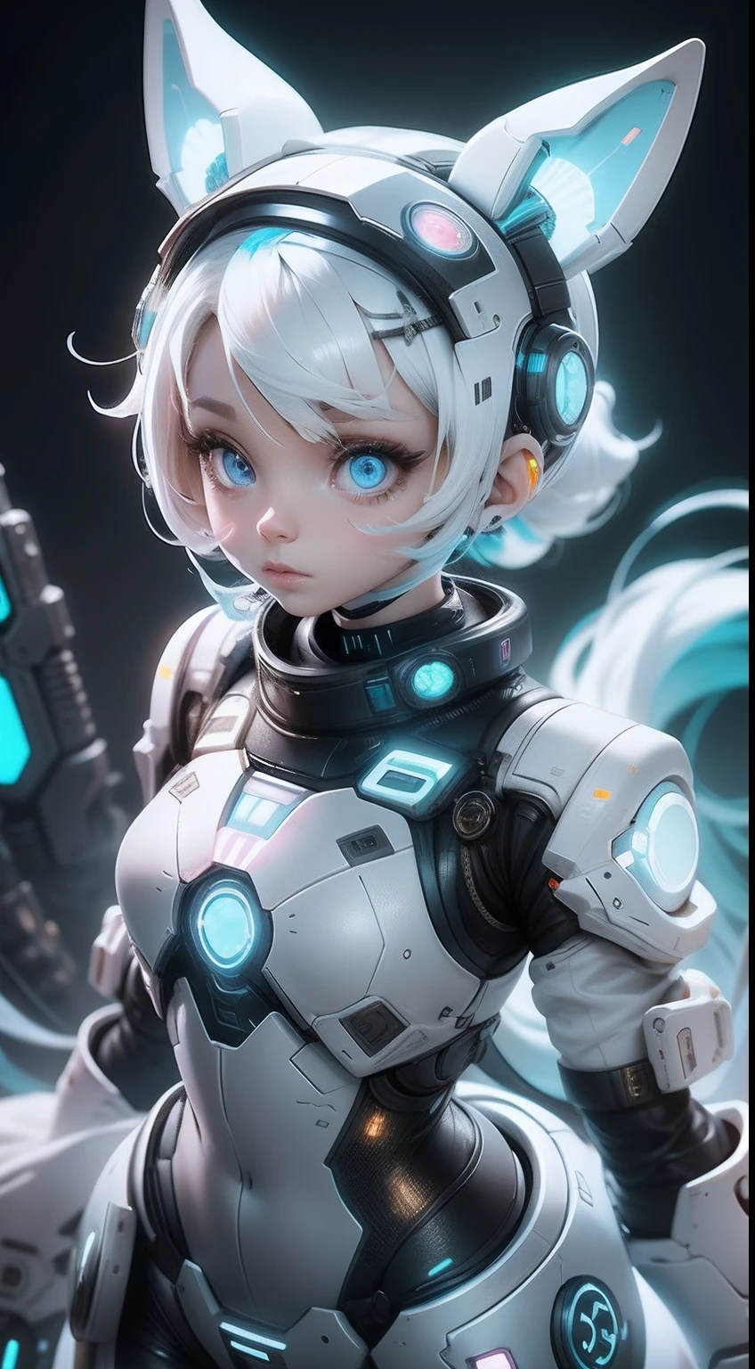 Full body internet girl with ponytail. Ariana Grande's face. Bright white indicates that she is a cyber girl with a white laser rifle. White eyebrows. Clothes like cat outfits. She also has bright blue eyes. The environment is similar to a terminator. The hair is platinum blonde. One side of her face was illuminated by bright blue. Like LEDs.  And both hands also have LED lights.
