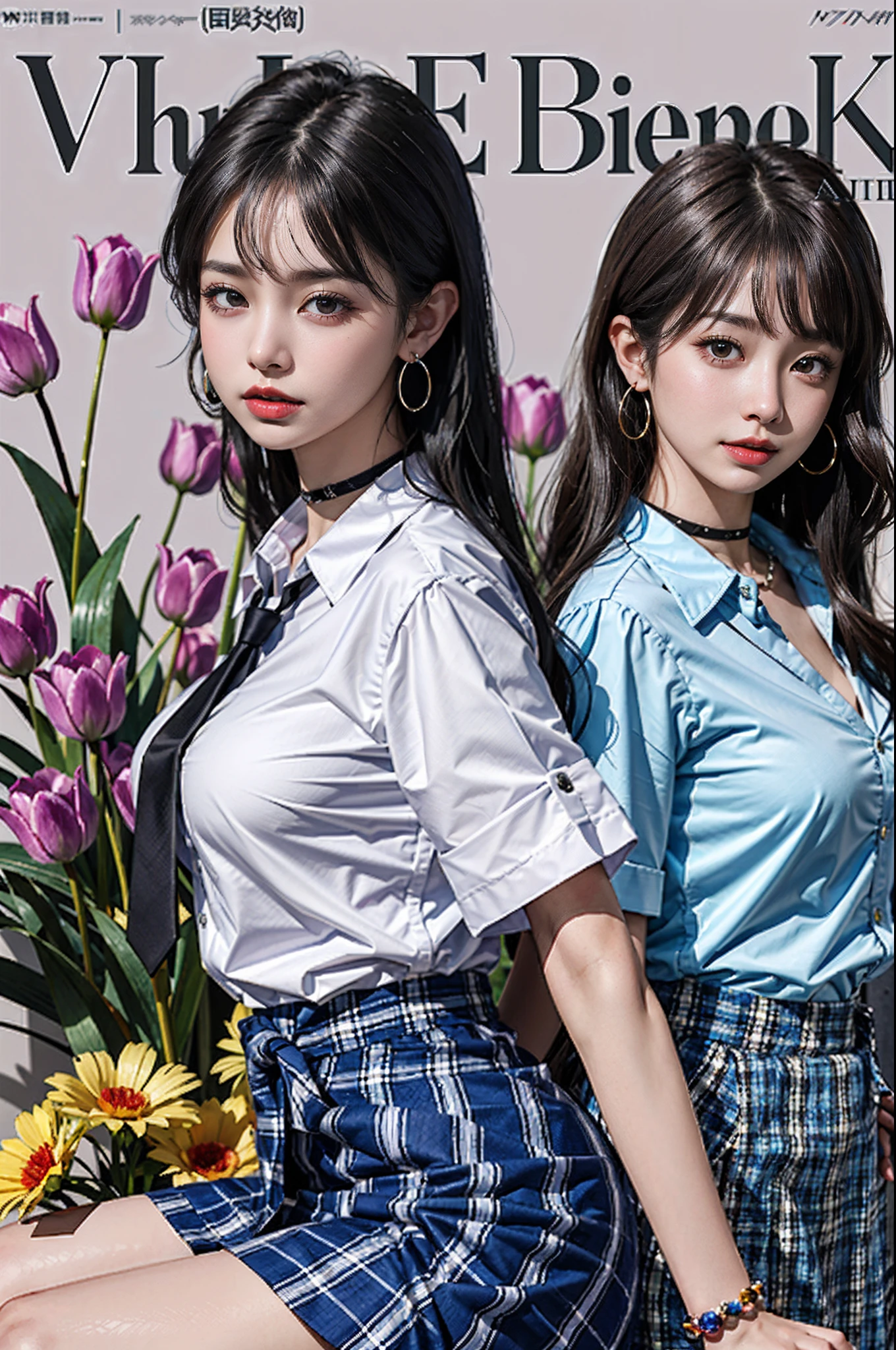 masterpiece, top-quality, full body Esbian, 1girl in, bangss, Black Choker, Black tie, A dark-haired, a blue skirt, red blush, A bracelet, breastsout, a choker, Clothing around the waist, 鎖骨, shirt with collar, cowboy shot, dress shirts, ear piercings, eyebrows visible through hair, gradation hair, Grinning, gals, jewely, Kogal, length hair, looking at the viewers, Loose tie, neck tie, piercings, Plaid, plaid skirts, pleatedskirt, red eyes, the ring, 校服, The shirt, skirt by the, A smile, 独奏, white shirt, a street, Skysky, cherry trees, flower petals,tulips,diagrams, (MagazineCover:1.3), (cover-style:1.3), Fashionable, femele, with a vibrant, outfits, the pose, the front, Colorful, Dynamic, Background with, element, self-assured, expresive, ngel, statement, accessorized, An majestic, coil, surroundings, Touch, The scene, Texto, covers, It's bold, captures the attention, Titles, Stylish, Font, It's catchy, headline, The large, Impressive, moderno, Trendy, Focus, lo fashion,