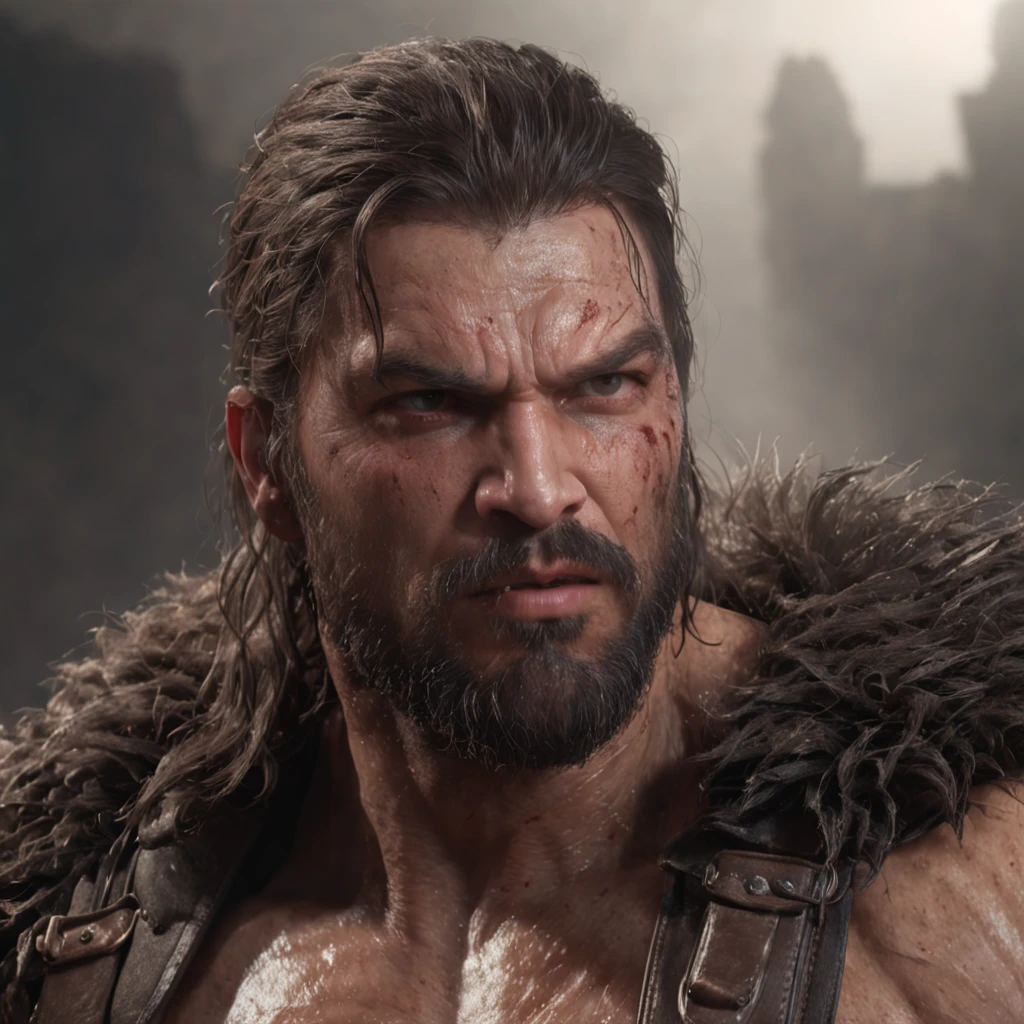 (professional 3d render:1.3) af (Realistic:1.3) most beautiful artwork photo in the world,Features soft and shiny male heroes, ((Epic hero fantasy muscle man rough wet hero angry look long hair short beard and ferocious expression in dynamic pose, Fantastic location, Majestic cluttered environment)), full body 8k unity render, action shot, skin pore, very dark lighting, heavyshading, Detailed, Detailed face, (vibrant, photograph realistic, Realistic, Dramatic, Dark, Sharp focus, 8K), (Old leather garments damaged by weathering:1.4), ((((Wear fur)))), (Intricate:1.4), decadent, (Highly detailed:1.4), Digital painting, rendering by octane, art stations, concept-art, smooth, Sharp focus, illustration, Art germ, (loish:0.23), wlop ilya kuvshinov, and greg rutkowski and alphonse mucha gracias, (Global illumination, Studio light, volumettic light), heavy rain, particles floating, lotr, fantasy, elf, full bodyesbian, ((Dark and ancient city background:1.3)),CGSesociety,art stations