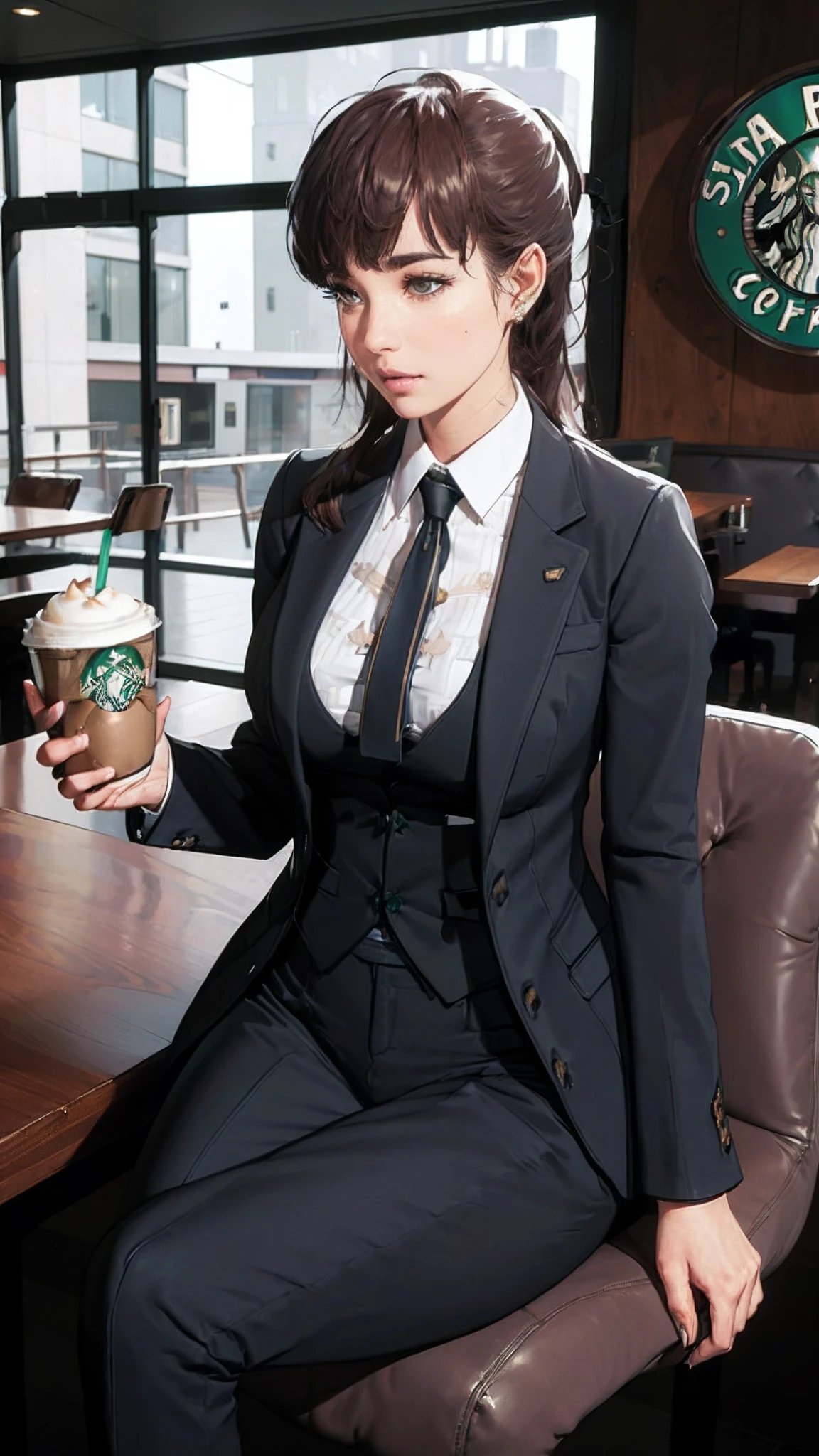 (((beautiful))), dolla, formal outfit, business suit, office working dress, huge breasts,(((shiny skin))), ((intricate details)), hdr, ((intricate details, hyperdetailed)), cinematic shot, (((sitting in cafe, enjoying starbucks))), vignette, art by alphonso mucha