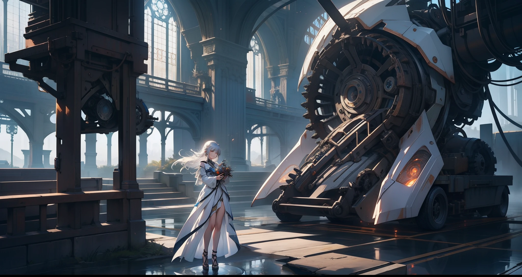 Mechanical Wing Girl Standing in White World、Take a Prayer Posture。Gears and blades of copper parts sway in the wind、reflecting light。In a tranquil landscape、Her figure shines as a mysterious being。Machinery and nature、A scene where mysteries intersect、Evokes deep impressions and stories in the heart。The girl's outfit is a white dress