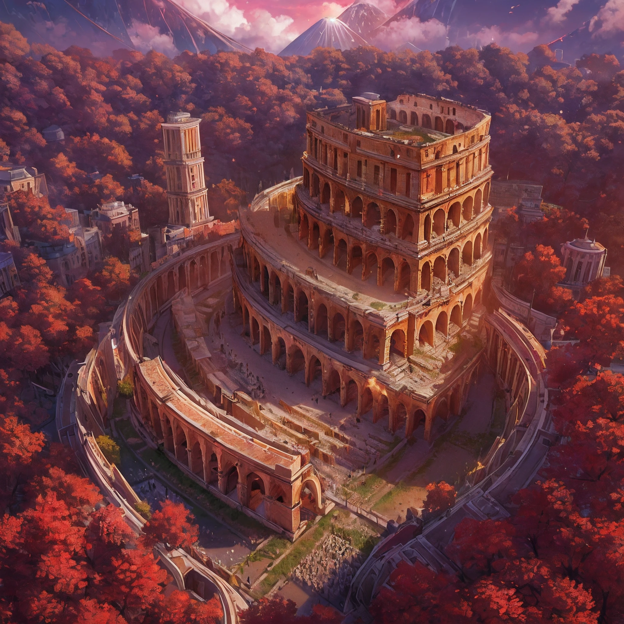 MIDJOURNEY,(细腻细致), (Intricate details), (Cinematic light, 最优质的背光), 清晰的线条, From above,landscape,(/Light red clouds:1.3/),Lively and extraordinary playing venue,Olympic Games,(Huge Colosseum:1.3),Dense woods,Volcanoes in the distance,(A load-bearing column engraved with a totem,A burgundy diamond is suspended in the sky,A wave of red gas drifting upwards),hyper HD, retinas, Anatomically correct, Textured skin, Super detail, Best quality, A high resolution,8k photorealistic,Wallpapers