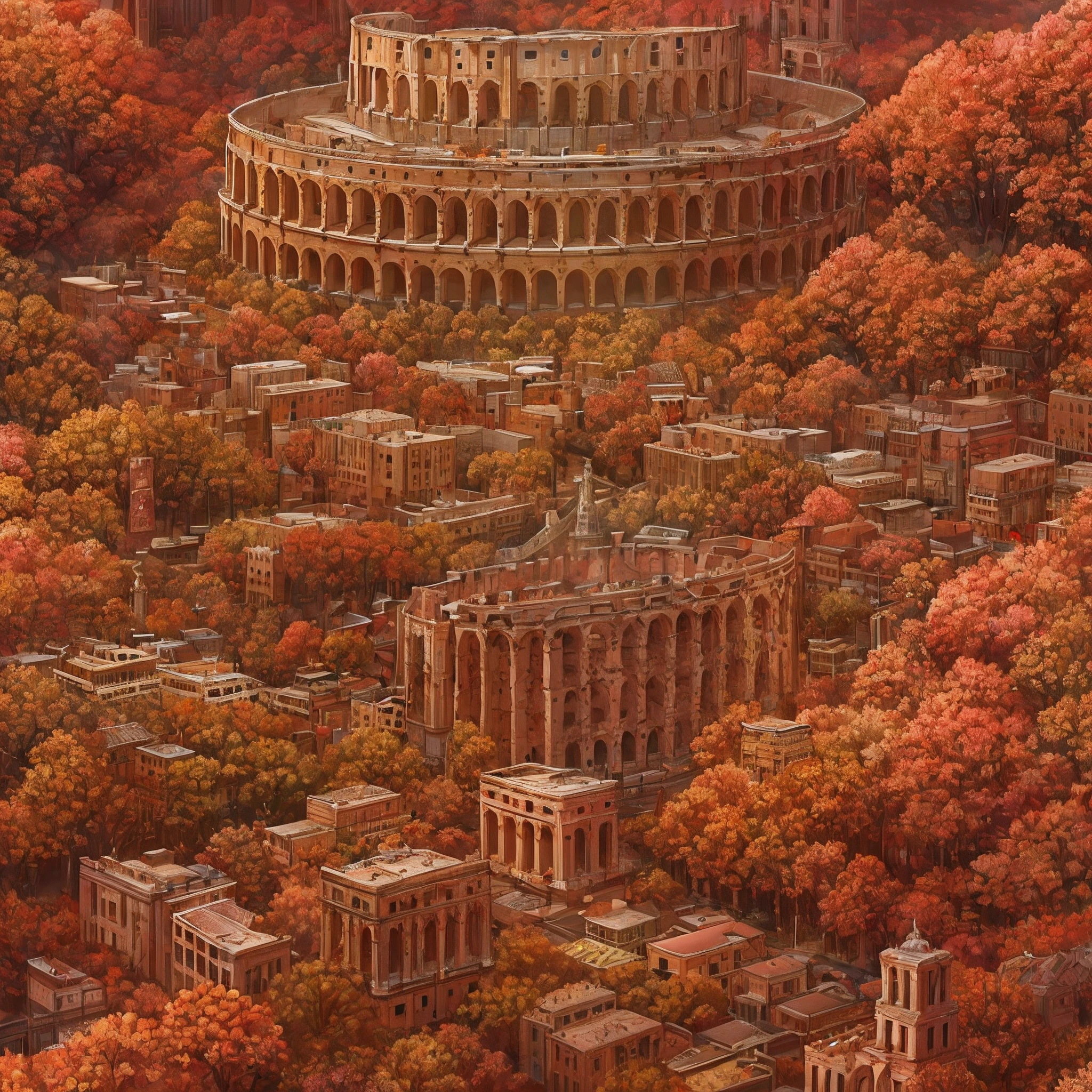 MIDJOURNEY,(细腻细致), (Intricate details), (Cinematic light, 最优质的背光), 清晰的线条, From above,landscape,(/Light red clouds:1.3/),Lively and extraordinary playing venue,Olympic Games,(Huge Colosseum:1.3),Dense woods,Volcanoes in the distance,(A load-bearing column engraved with a totem,A burgundy diamond is suspended in the sky,A wave of red gas drifting upwards),hyper HD, retinas, Anatomically correct, Textured skin, Super detail, Best quality, A high resolution,8k photorealistic,Wallpapers