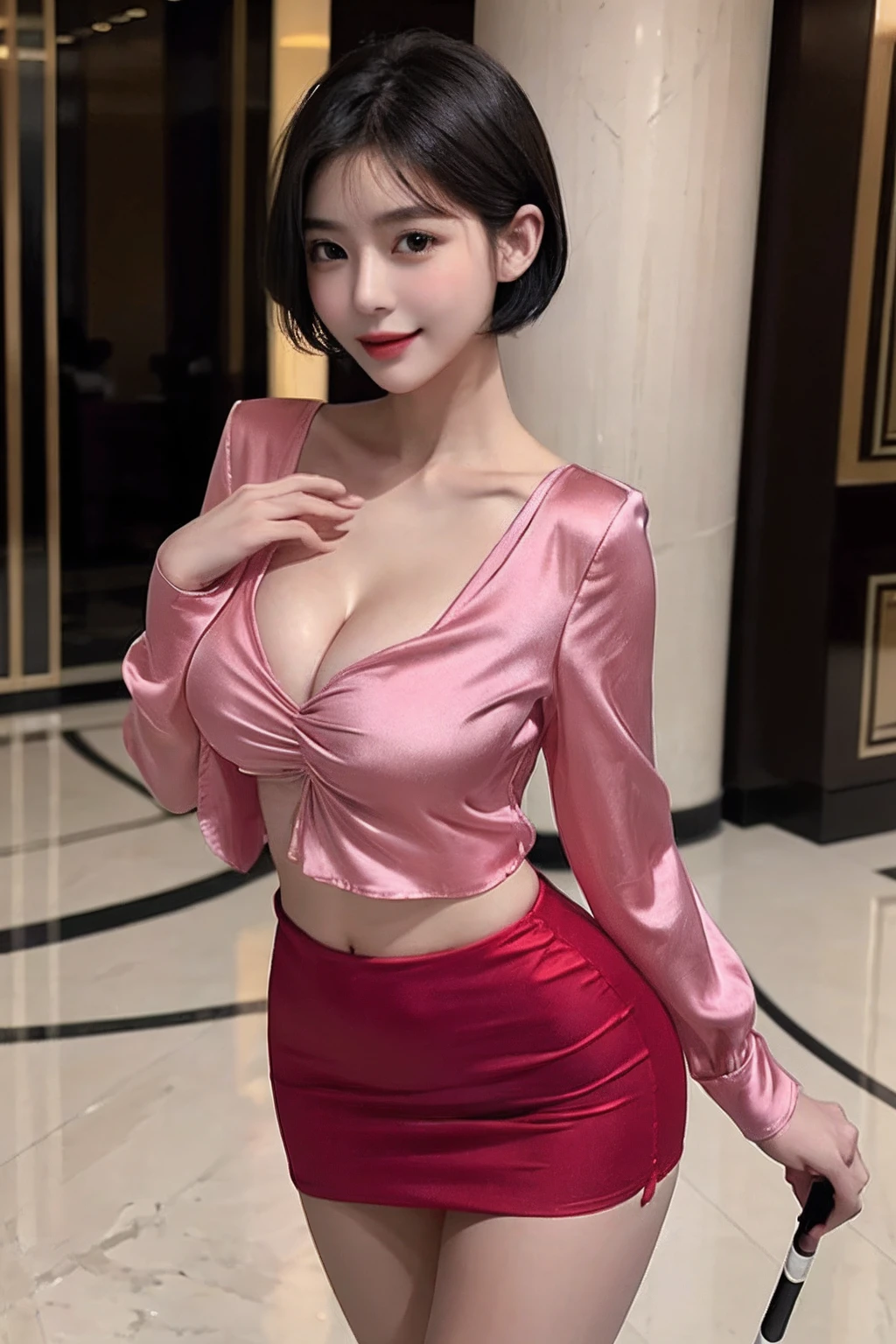 ​masterpiece, top-quality, (extremely detailed photo, 8k wallpaper), Meticulous background, 1womanl、Nasty、Charming and flawless beauty, 40 years、(Elegance)、(Pink Silk Blouse)、(Red Micro Mini Skirt)、((stick out buttocks))、(Curvaceous), (thighs thighs thighs thighs: 1.12)、Holding nothing in your hands、(Black short-haired:1.12)、Look at the viewer、(cleavage of the breast)、shorth hair、(ssmile:1.1), (Background with：Lobby of luxury resort hotel)