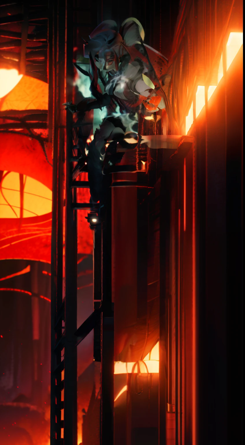 Holding a red parasol,Wear black light leather shoes,Blood-red eyes with black double ponytails,A girl with an unusually beautiful appearance