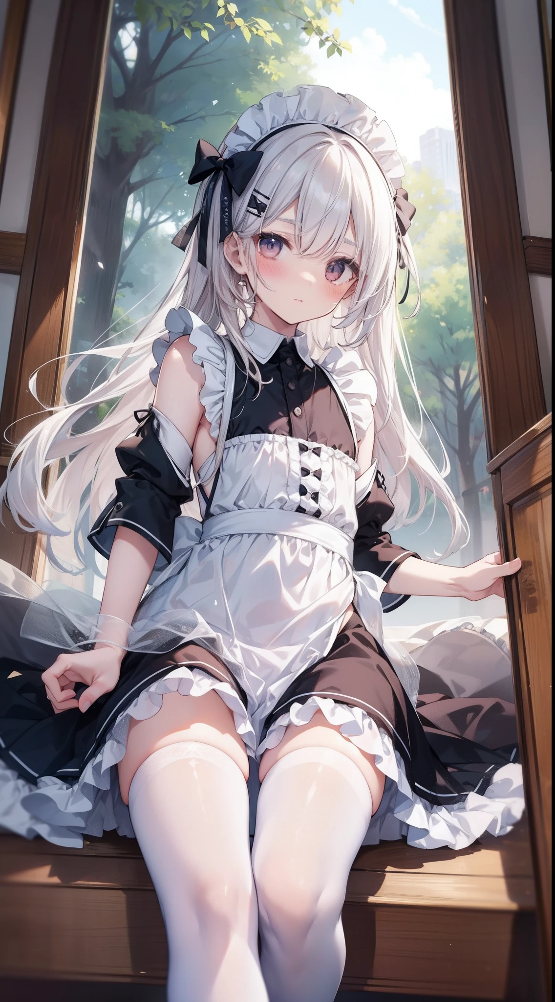 high-level image quality、top-quality、Detailed drawing、Does not blush cheeks、Slender adult beauty、maid clothes、White swimwear、Small eyes、knee high、Stockings、Medium chest、straight haired