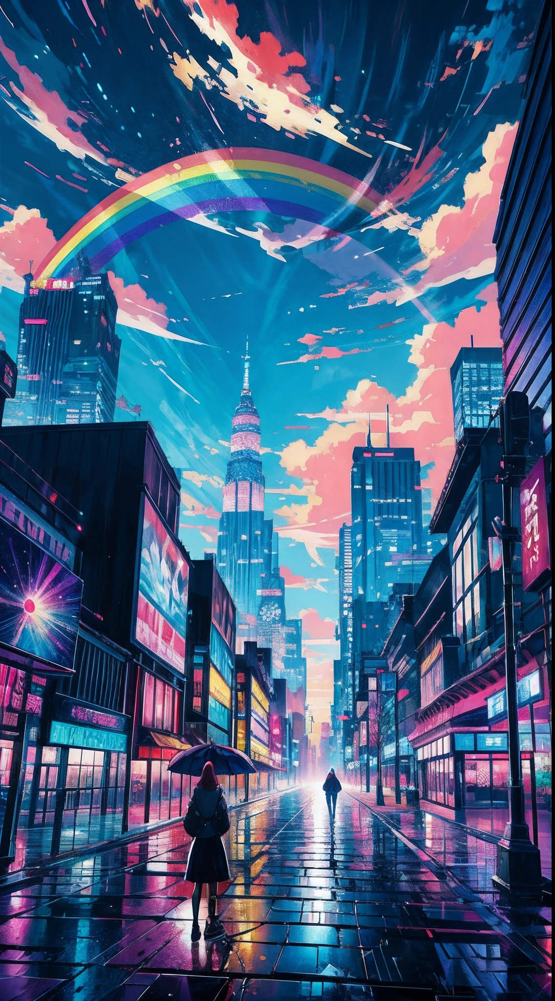 Anime girl standing in big city looking at rainbow sky,Near Future City、 makoto shinkai cyril rolando, anime art wallpaper 4k, anime art wallpaper 4k, Anime art wallpaper 8k, inspired by Cyril Rolando, in the style dan mumford artwork, amazing wallpapers, by Yuumei