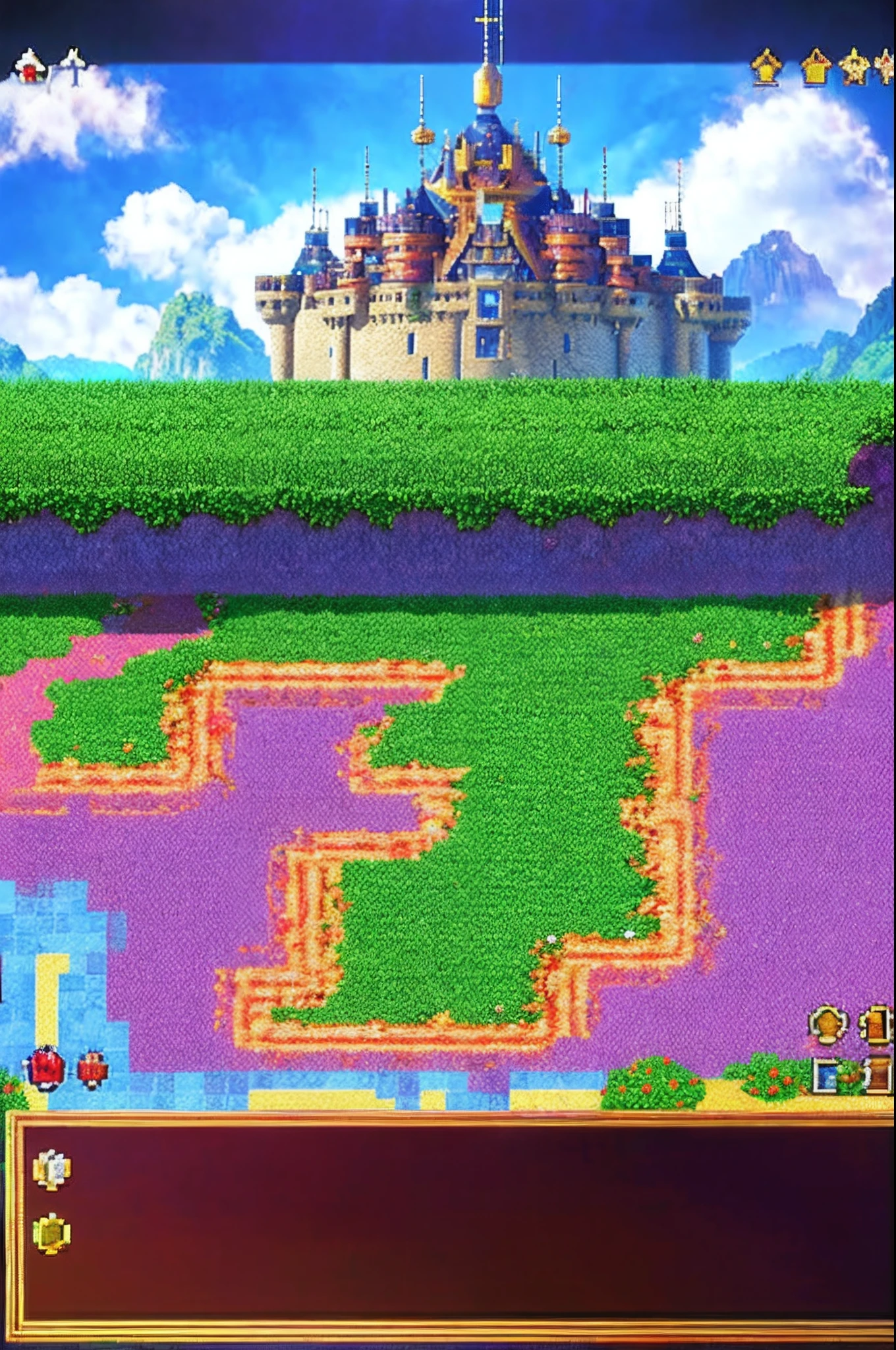 pixel game《dragon quest》,Game character design,(cavalier:1.4),European castle,Thick clouds,surrounded by cloud,16-bit pixel art