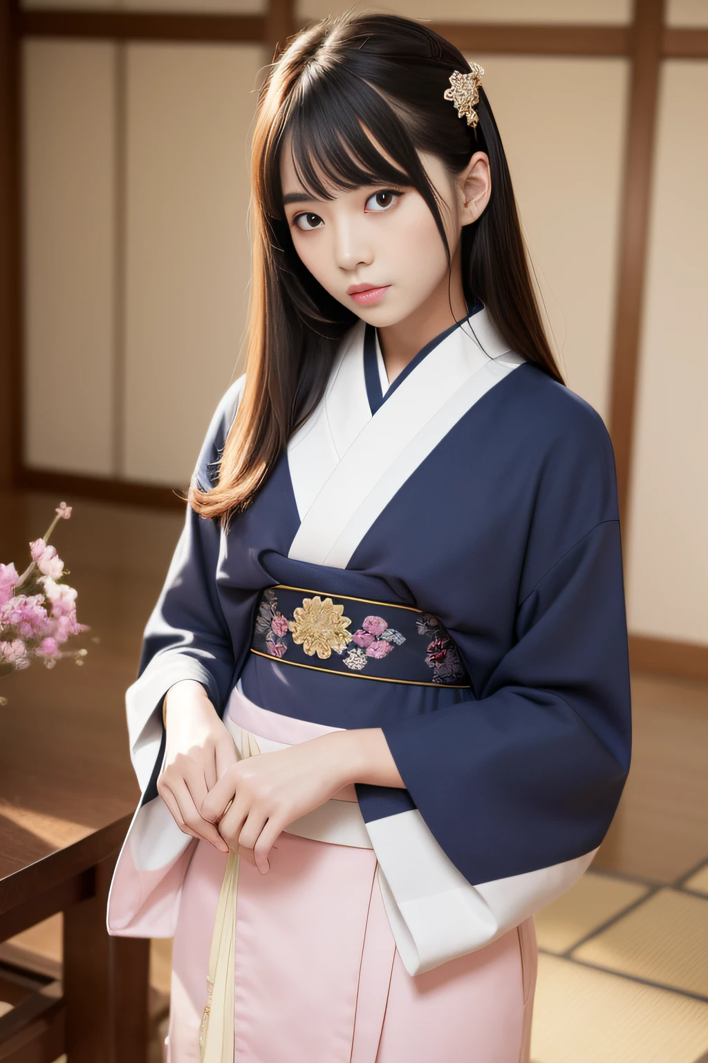 High quality、masutepiece、超A high resolution、(Photorealistic:1.4)、Kyōmei、Kyoto Beauty、japanes、Clothes typical of Kyoto、western clothes、skirt by the、(Thin eyebrows:0.2)、(thin lipss:0.8)、(small nose:0.8)、Appearance without makeup、walk、cowboy  shot、(the perfect body:1.2)、(small nipple:0.7)、kyoto、By Michelangelo、ulzzang -6500-v1.1