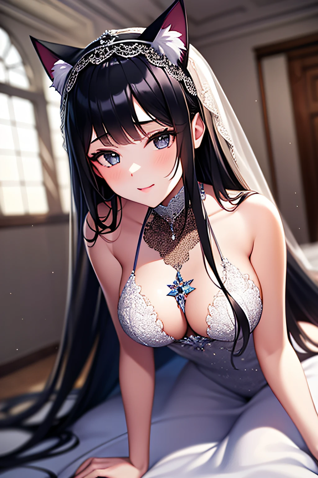 s girl,Black color hair,Long hair,Black eyes,beauitful face,Cat's ear headdress,in wedding dresses,high-heels,inside in room,The edges are illuminated,full bodyesbian
