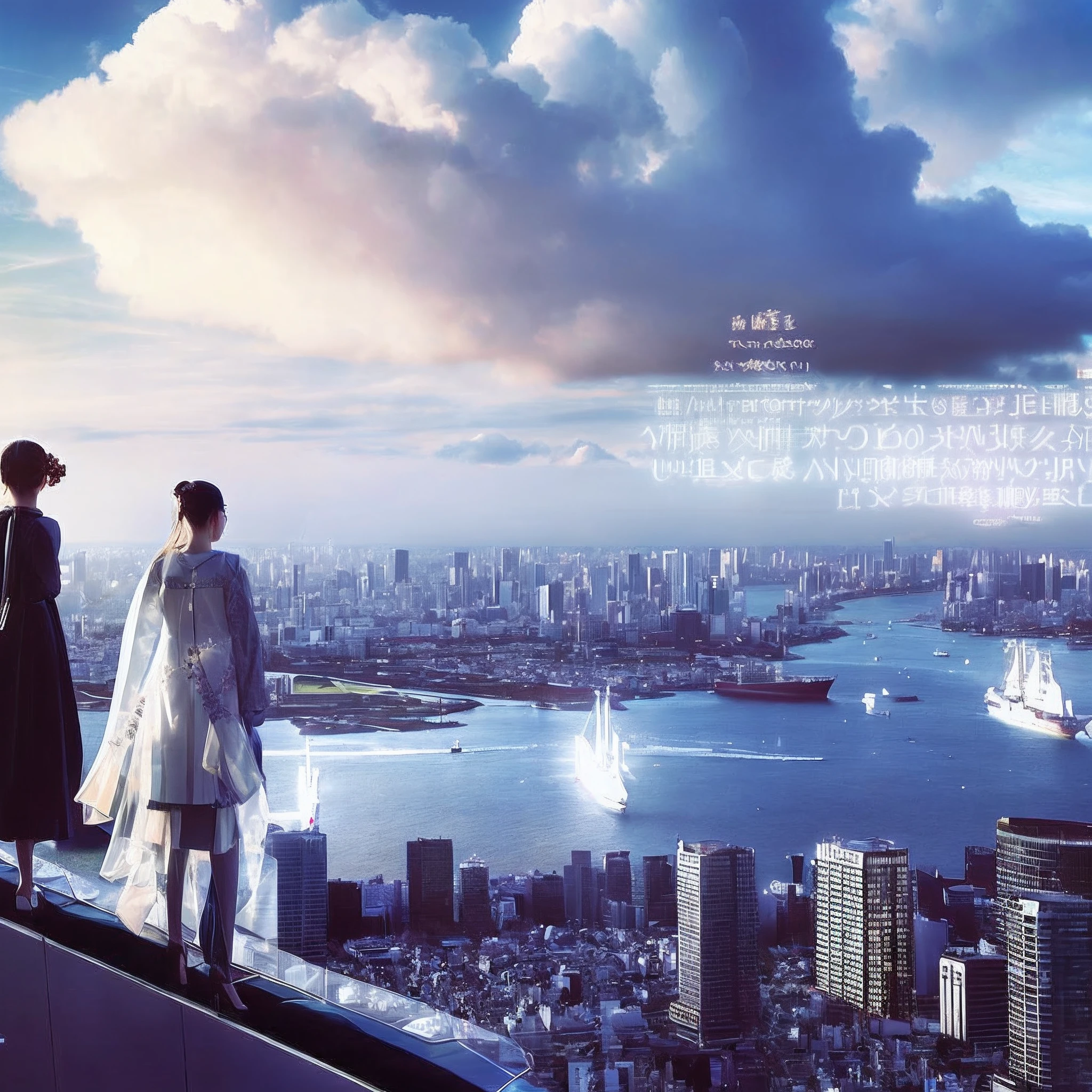 photo of a Tokyo cityscape featuring Tokyo Bay in the background. Two figures are perched on the wall of a skyscraper, with ships from various eras sailing in the distance. One figure is a Japanese college girl dressed in Chanel, while the other is a translucent AI goddess wearing a designer dress, her background visible through her transparent body. Include augmented reality blueprints of the this photo to leaving trails of light. Illuminate the scene with the warm light