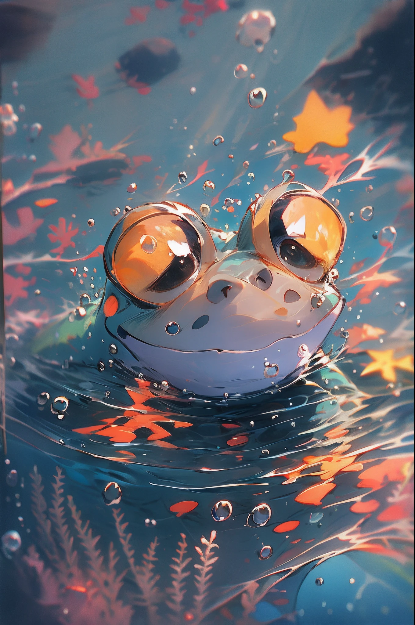 1 cute frog, close-up face, Portrait, Furry, No Man, In water, ocean floor, Swimming, Blisters, Buble, More details, Saturated colors, cute smiling, Best quality, 8K, High saturation