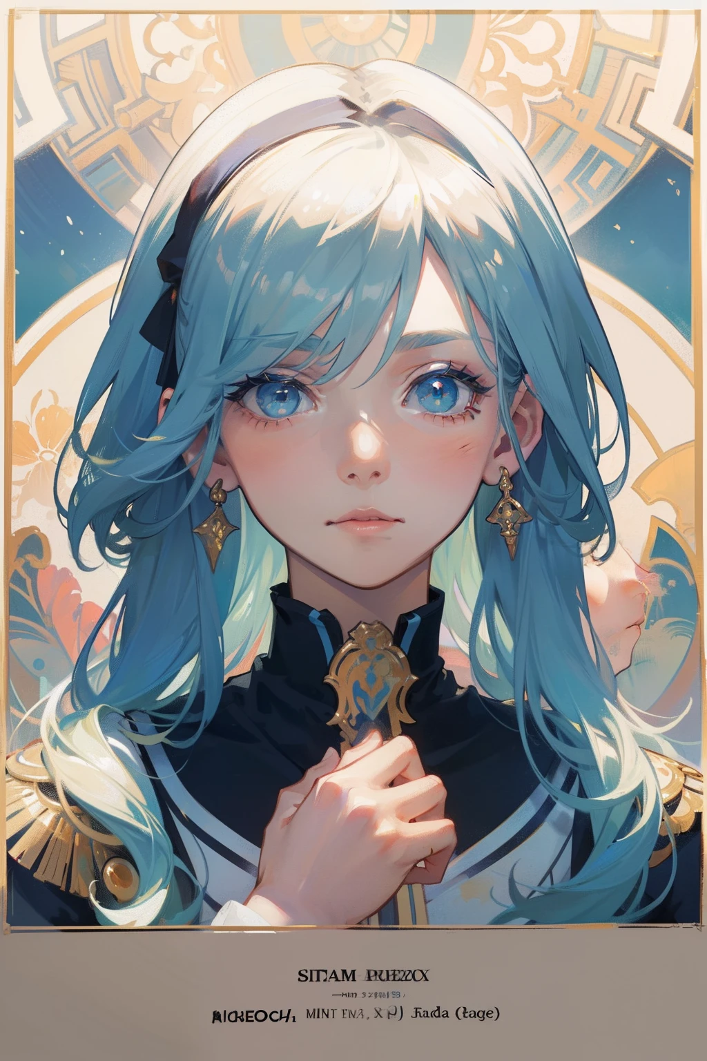 (masterpiece:1.2, best quality), (artwork:1.2), (beautifull detailed face:1.3), 1girl in, (long white hair with bangs), (two tone hair) (cabelo ondulado: 0.7), (portrait:1:1), (extremely drawn eyes:1.2), cinematic lighting, soft lighting, flat chest, blue eyes, (Ultra-detailed:1.2), Magic School Uniform, (Detailed hand), (Tarot border:1.1),Alphonse Mucha, close up shot, eye close up, paint splatter,