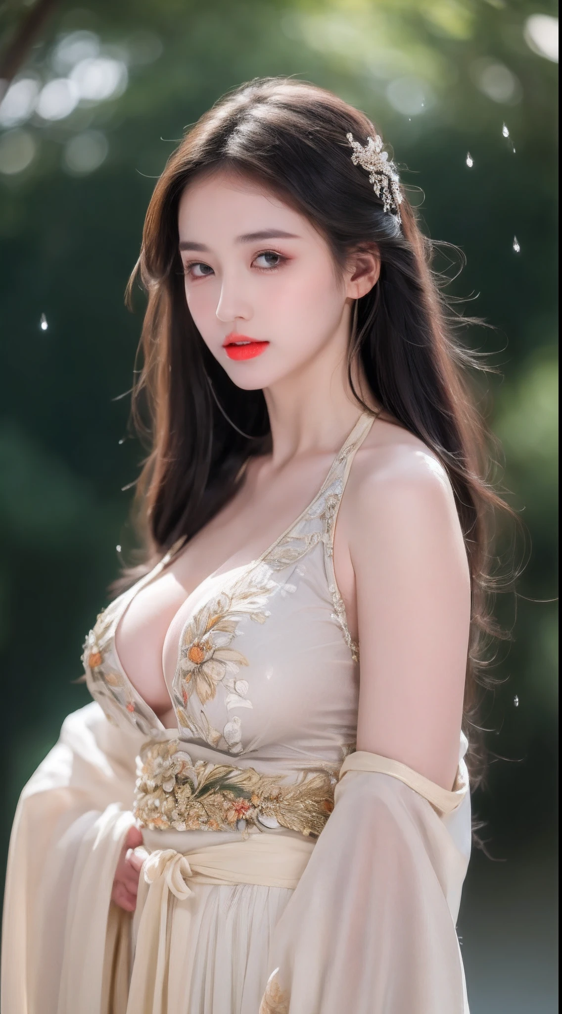 ((Best Quality, 8k, Masterpiece: 1.3)), Focus: 1.2, Perfect Body Beauty: 1.4, Buttocks: 1.2, ((Layered Haircut)), (Wet Clothes: 1.1), (Rain, Street:1.3), (Breasts: 1.2), (Hanfu: 1.2), Bare Shoulders, Bare Legs, Highly Detailed Face and Skin Texture, Fine Eyes, Double Eyelids, Whitened Skin, Long Hair, (Shut Up: 1.5), (Bokeh Background: 1.5), Big Breasts