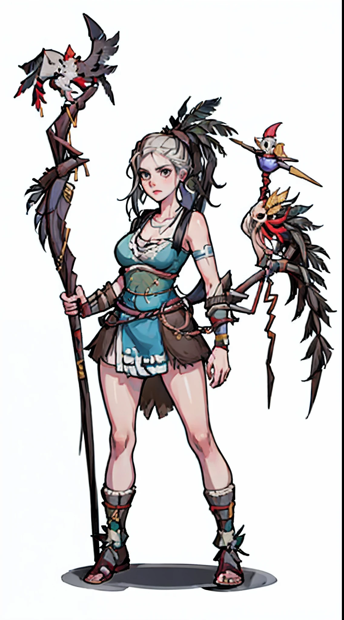 1girll,((独奏)),full bodyesbian,European and American cartoon design,Primitive tribal elements,Barbarians、standing on your feet,the witcher,Staff in hand,black Feather,white backgrounid,character concept design,tmasterpiece,best qualtiy,Best resolution,high definition detail