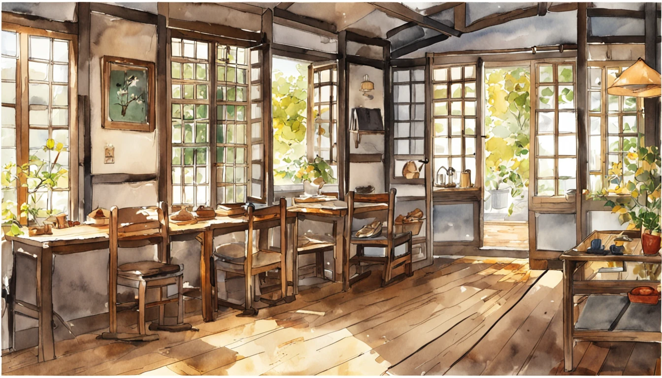 The interior is softly lit,The sunlight coming in through the window creates patches of warm light on the floor。The wooden floor crunches slightly from the dryness of autumn。A faint smell of tea wafted through the room。,A cup of hot tea sits quietly at the table, Radiant heat。On the table was a half-open book。,It seems that the owner has just read a book here,Inadvertently lost in thought。The creeper leaves by the window began to gradually turn yellow,The breeze blows through,The leaves rustle。A kitten lying carefree napping in the sun,Move your ears every now and then。The whole room is filled with autumn tranquility and leisure。It's a simple and comfortable time,Felt very warm and satisfied。