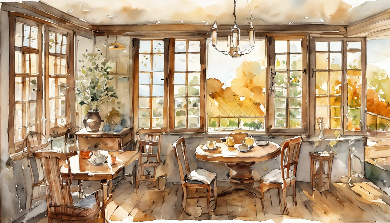 The interior is softly lit,The sunlight coming in through the window creates patches of warm light on the floor。The wooden floor crunches slightly from the dryness of autumn。A faint smell of tea wafted through the room。,A cup of hot tea sits quietly at the table, Radiant heat。On the table was a half-open book。,It seems that the owner has just read a book here,Inadvertently lost in thought。The creeper leaves by the window began to gradually turn yellow,The breeze blows through,The leaves rustle。A kitten lying carefree napping in the sun,Move your ears every now and then。The whole room is filled with autumn tranquility and leisure。It's a simple and comfortable time,Felt very warm and satisfied。