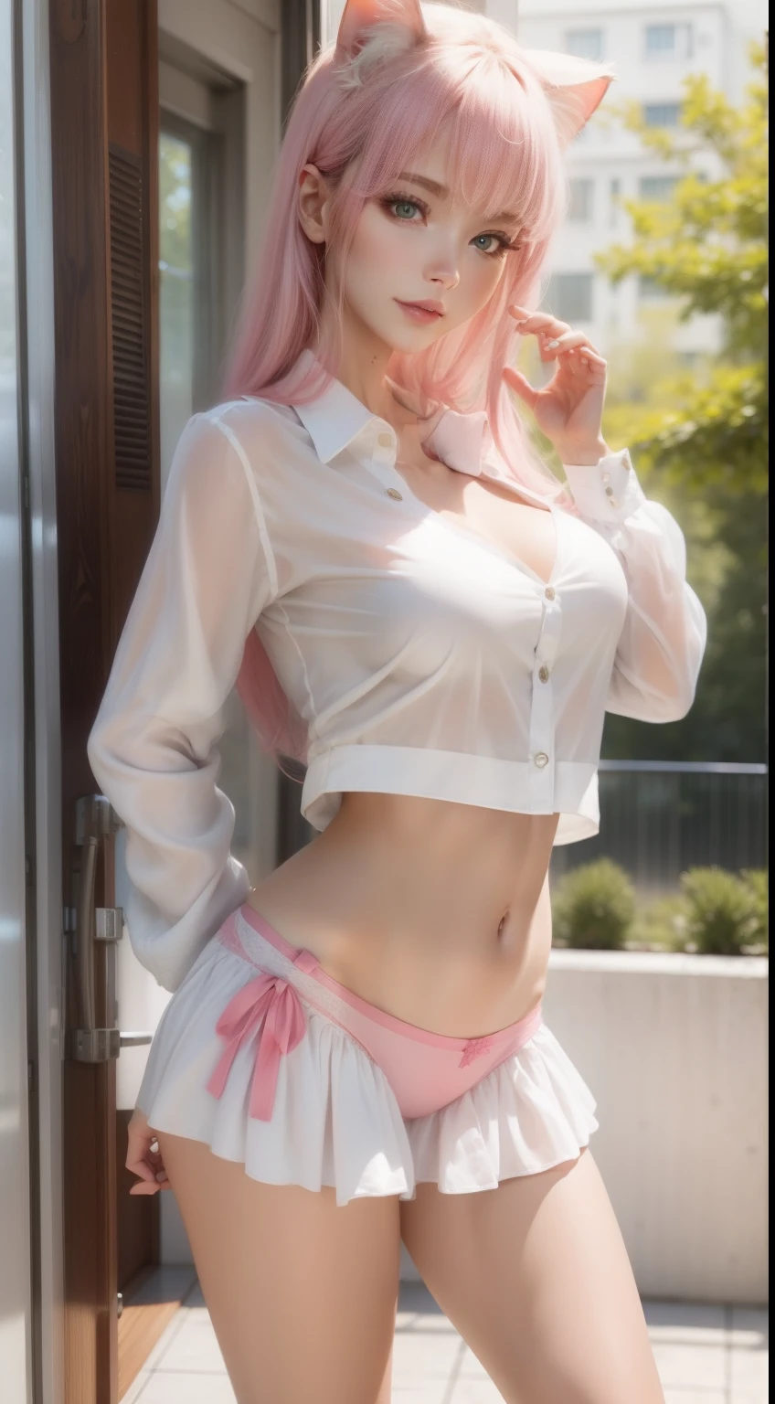 White silk cat Lori，Pink miniskirt，Panties exposed