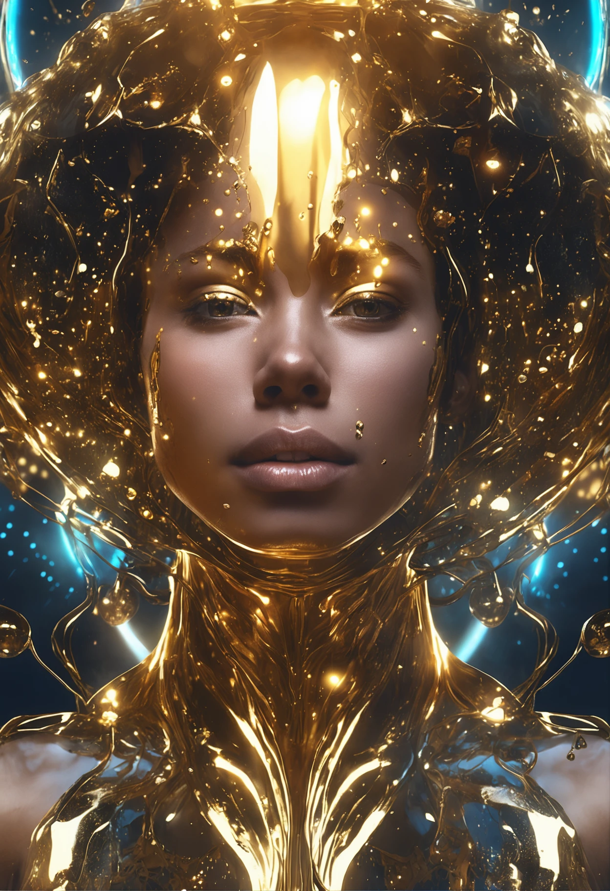 close-up of a young woman wearing a black dress and gold liquid, liquid gold with porpurine, shiny, pretty face, detailed eyes, soft lips, floating in outer space and planets in the background, fluid, wet, dripping, waxy, smooth, realistic , octane rendering