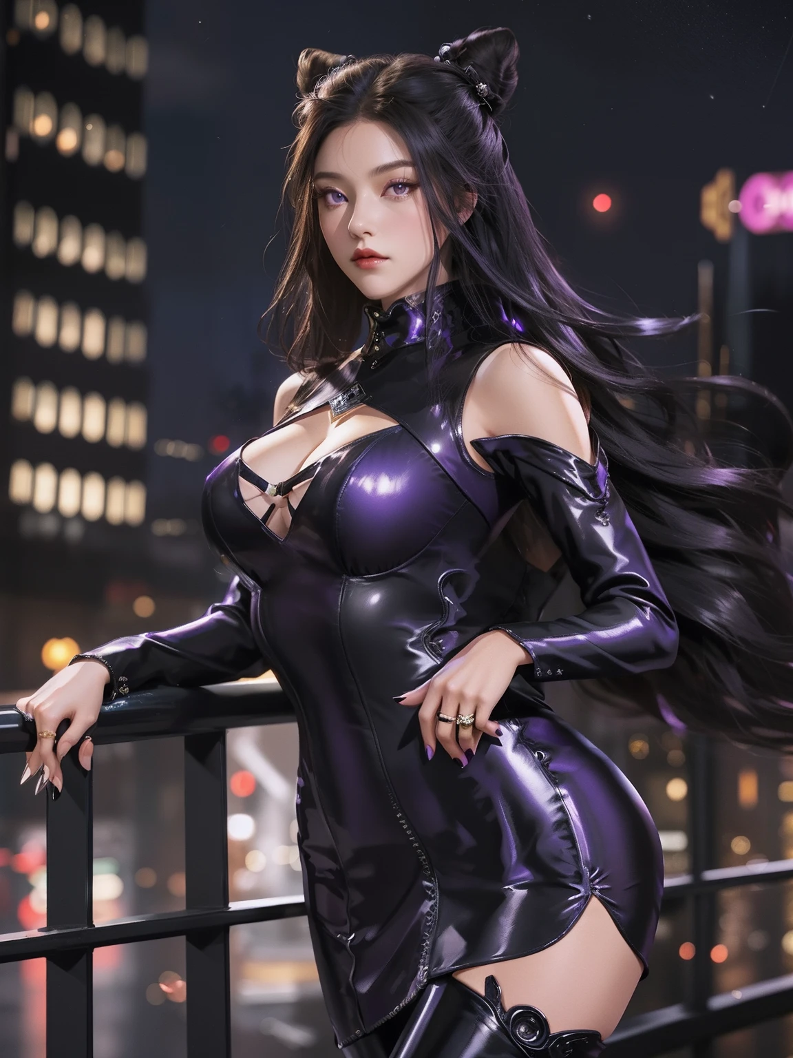double bun,mature female,cityscape,night,looking at viewer,long hair,detached sleeves,black long sleeves,purple eyes,cowboy shot,thigh boots,latex,cutout,hair bun,cone hair bun, black dress,hair ornament, jewelry, gem,
